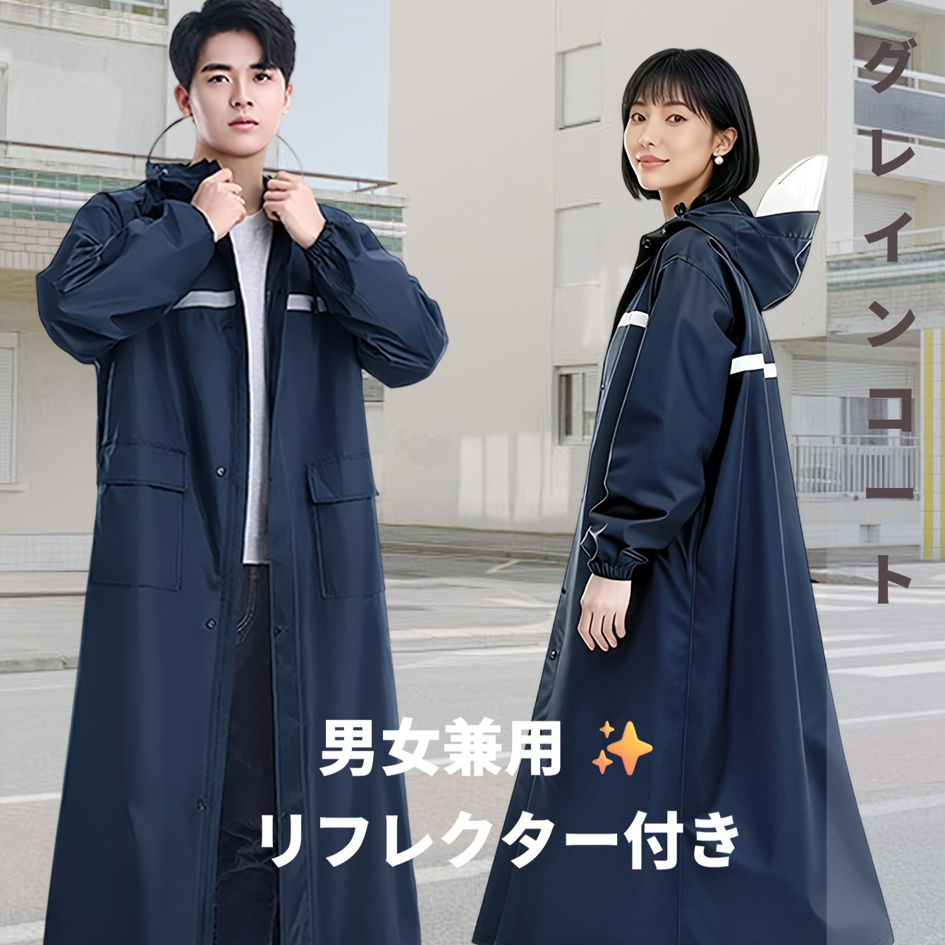 TEMU 【商品名】ロンコート、ス、対応、防風、防水、反射材付き、大容量ポケット、軽量、高耐久、通勤・通学に最適、