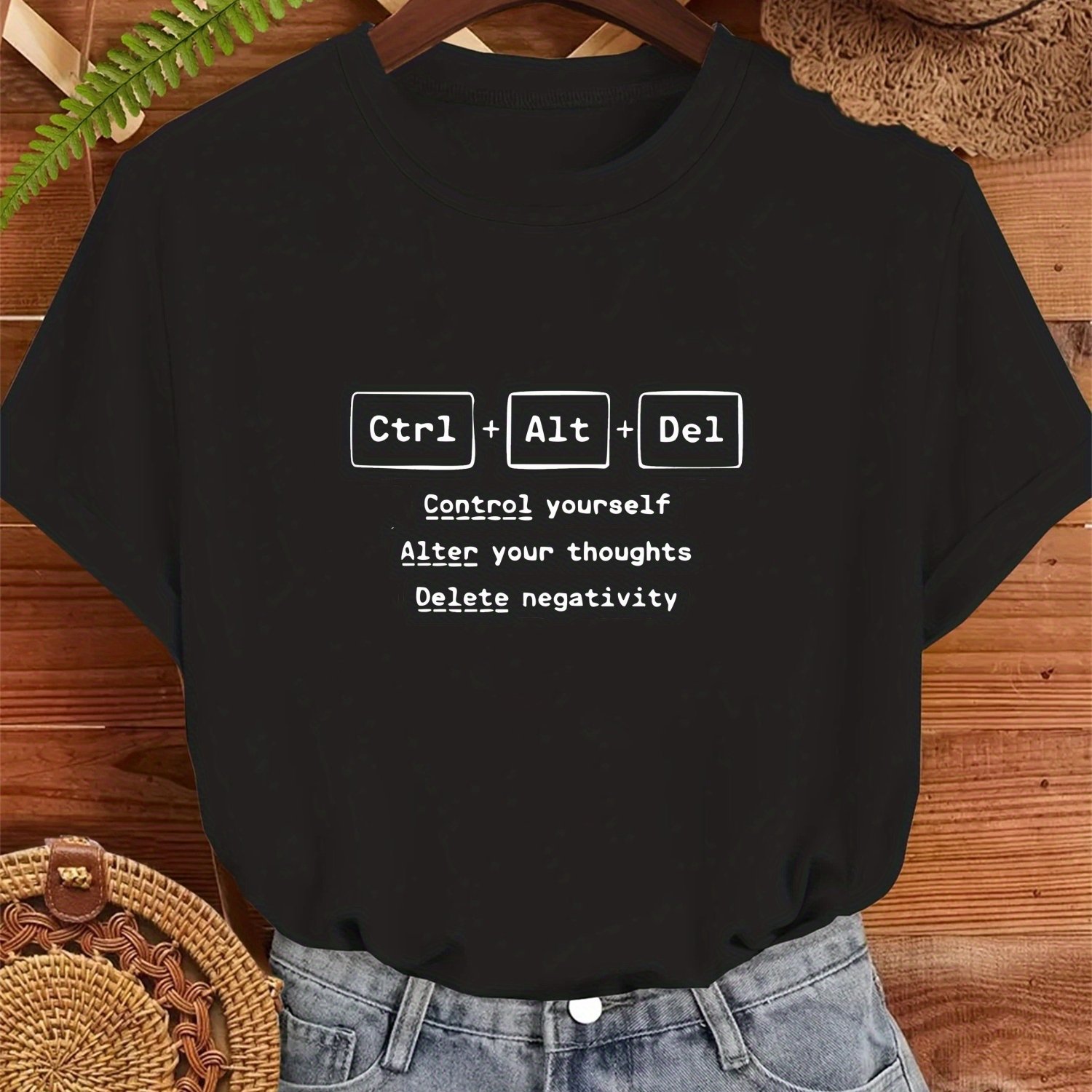 TEMU Women's Casual "ctrl " Print T-shirt - Short Sleeve, Round Neck, Lightweight & Stretchy, Top With "control Yourself, Alter Your , Delete