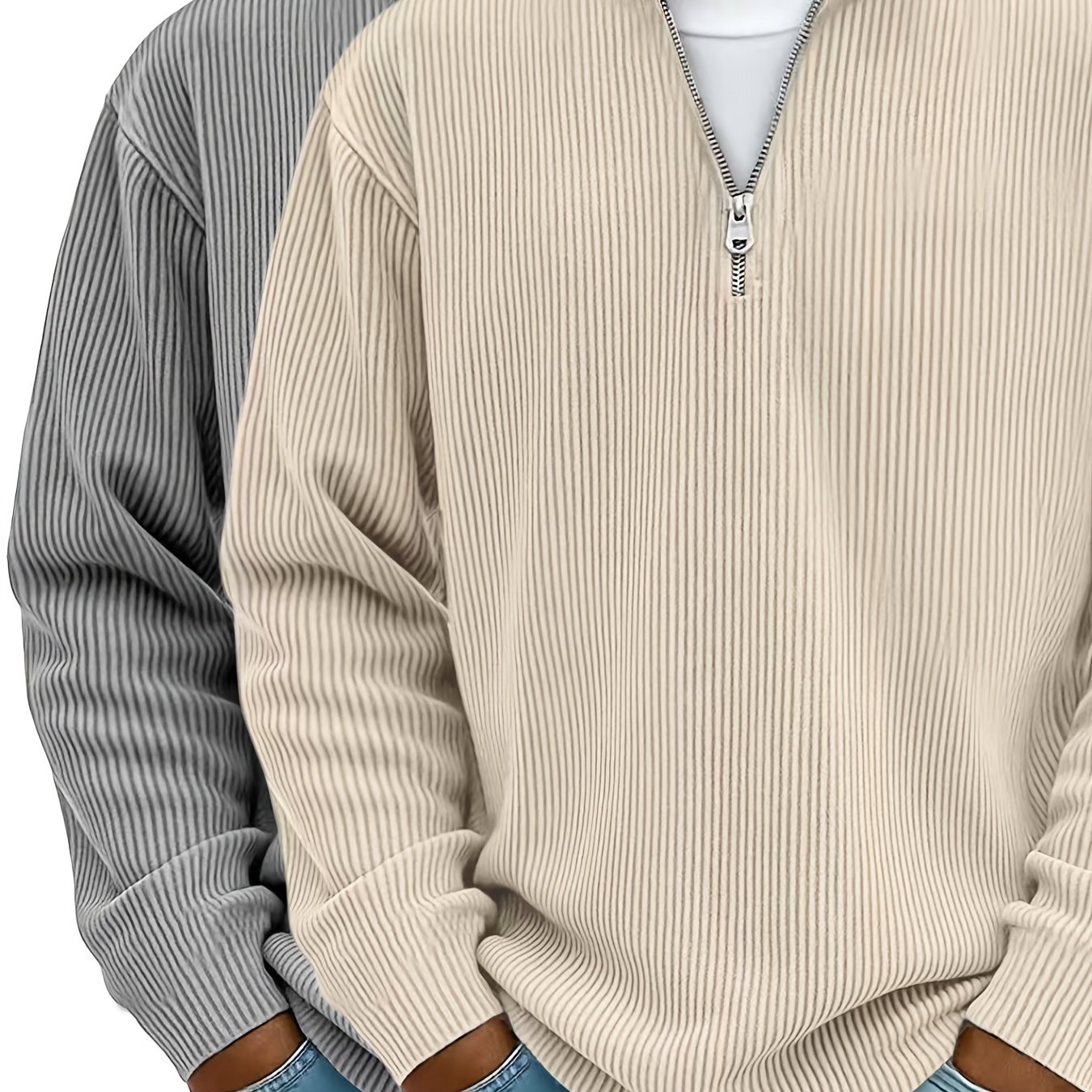 Image of 2pcs 2026 Fall 's Casual Pullover Top With Collar, Zipper, Corduroy Long Sleeves, Men's Shirt, And Men's Casual Sport Hoodie