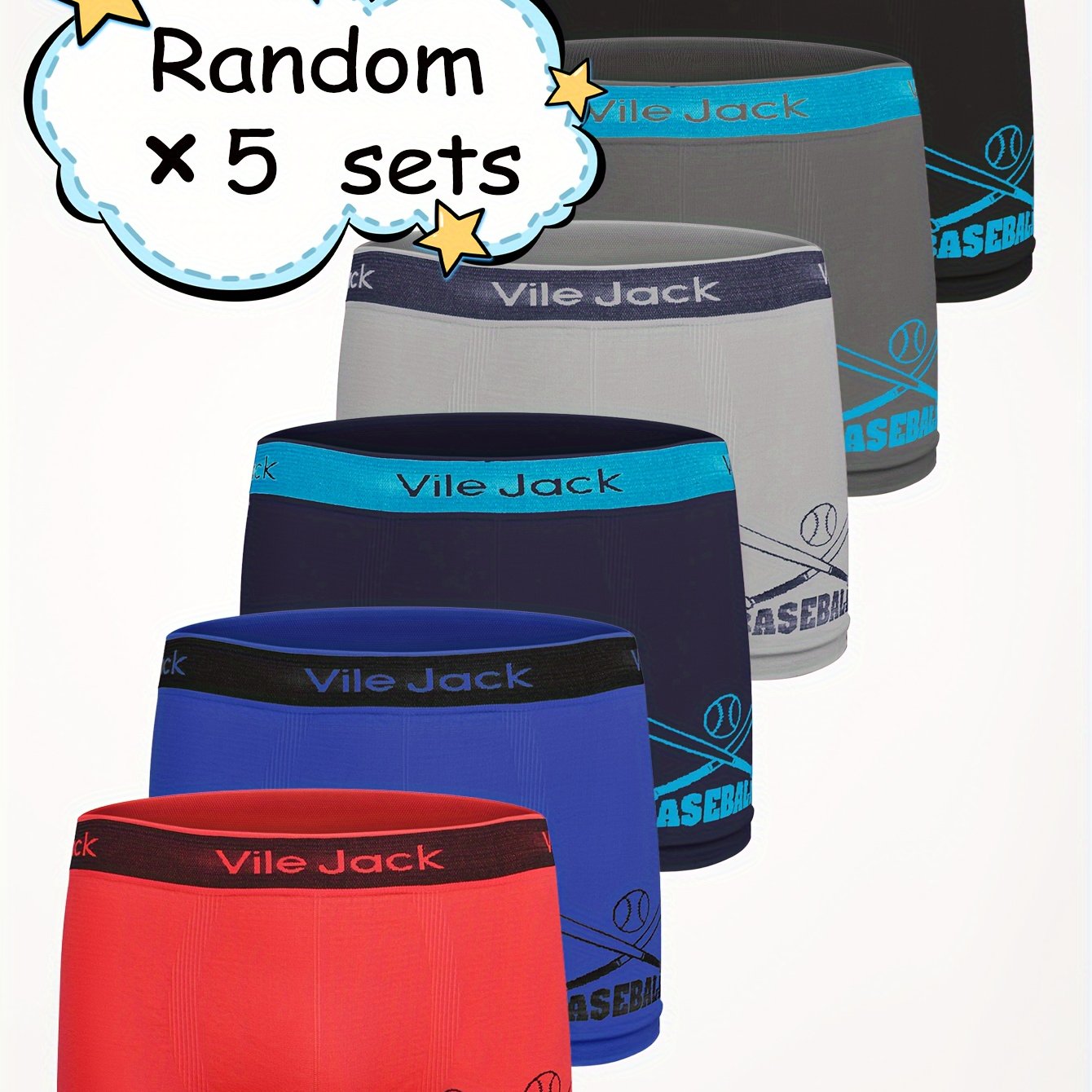 Random 5pcs Boys' Stretchy & Comfortable Boxer Briefs, Breathable Polyester Blend With Fun Baseball Prints, Underwear