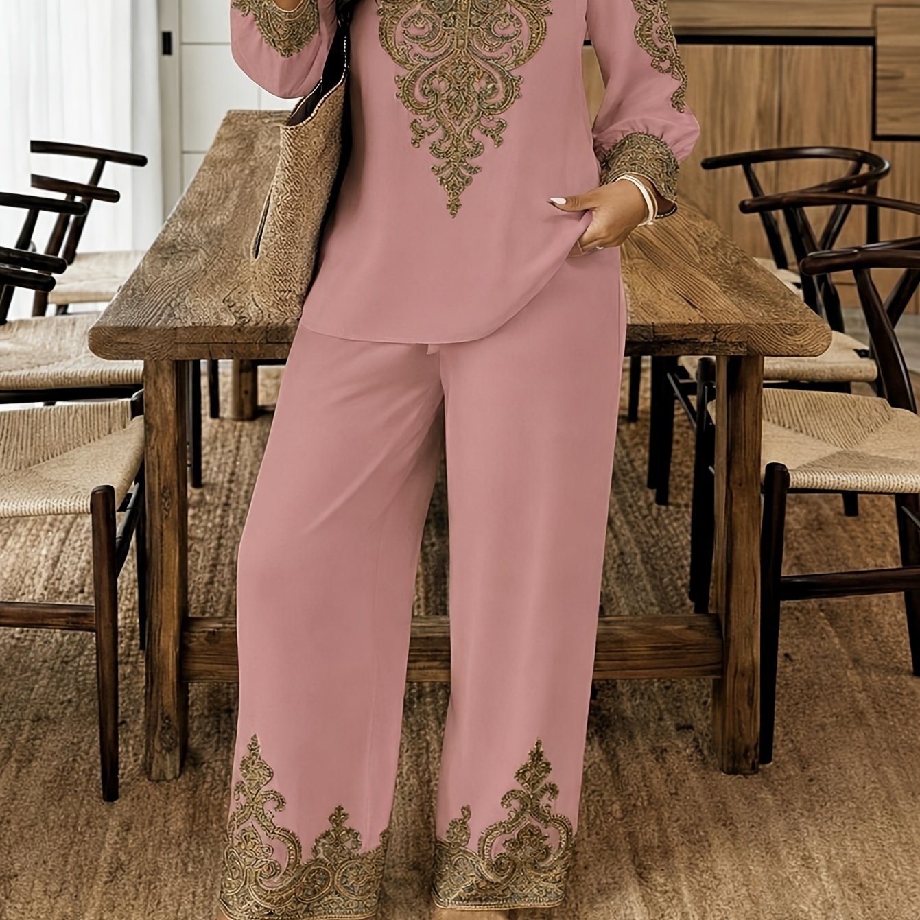TEMU Ensemble deux pièces élégant pour femmes, comprenant une chemise à manches longues et col en V et un pantalon long, nouveau printemps/été, avec