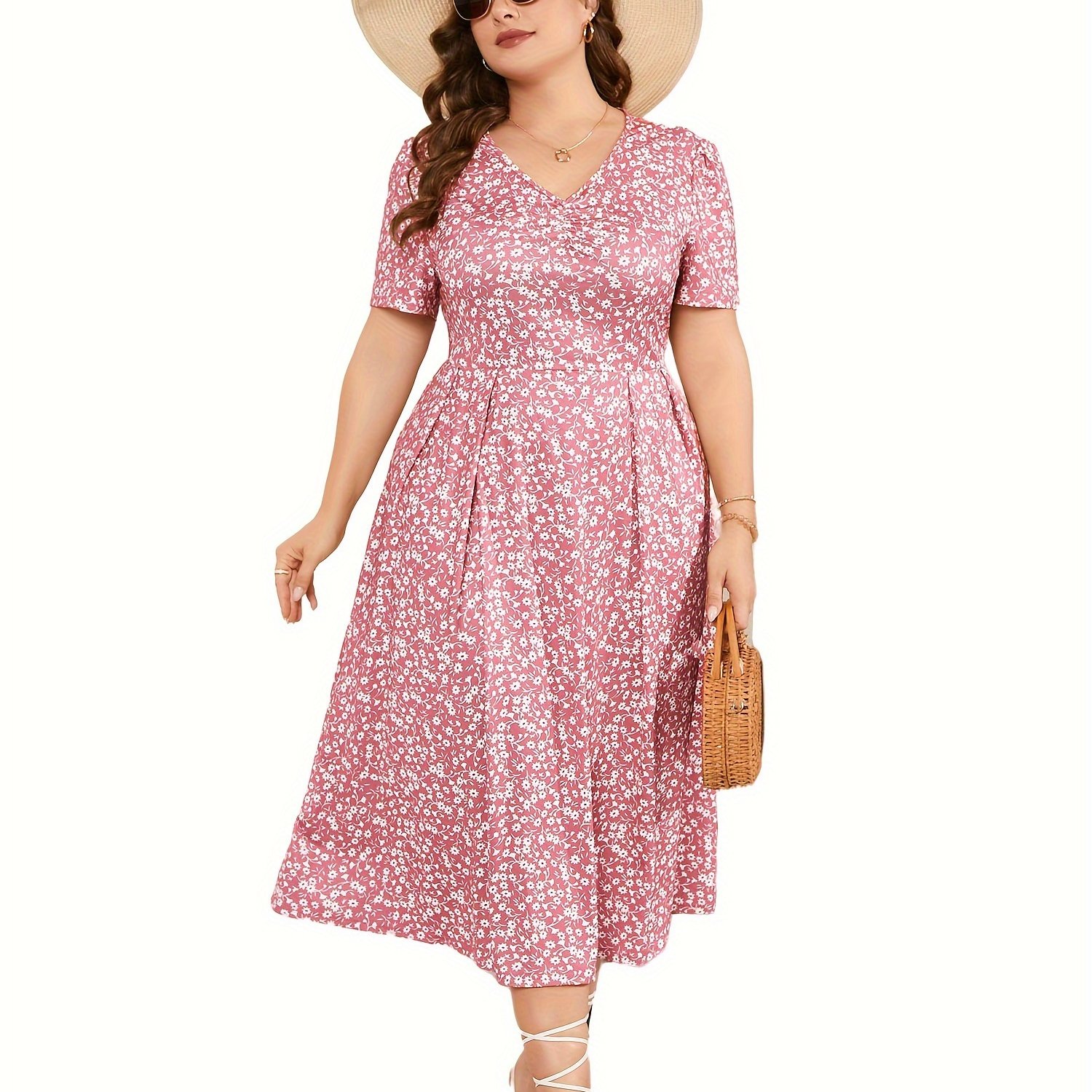 Women's Short Sleeve Floral Maxi Dress - Empire Waist, Plus Size, Casual Summer Dress For Spring & Vacation - View #5
