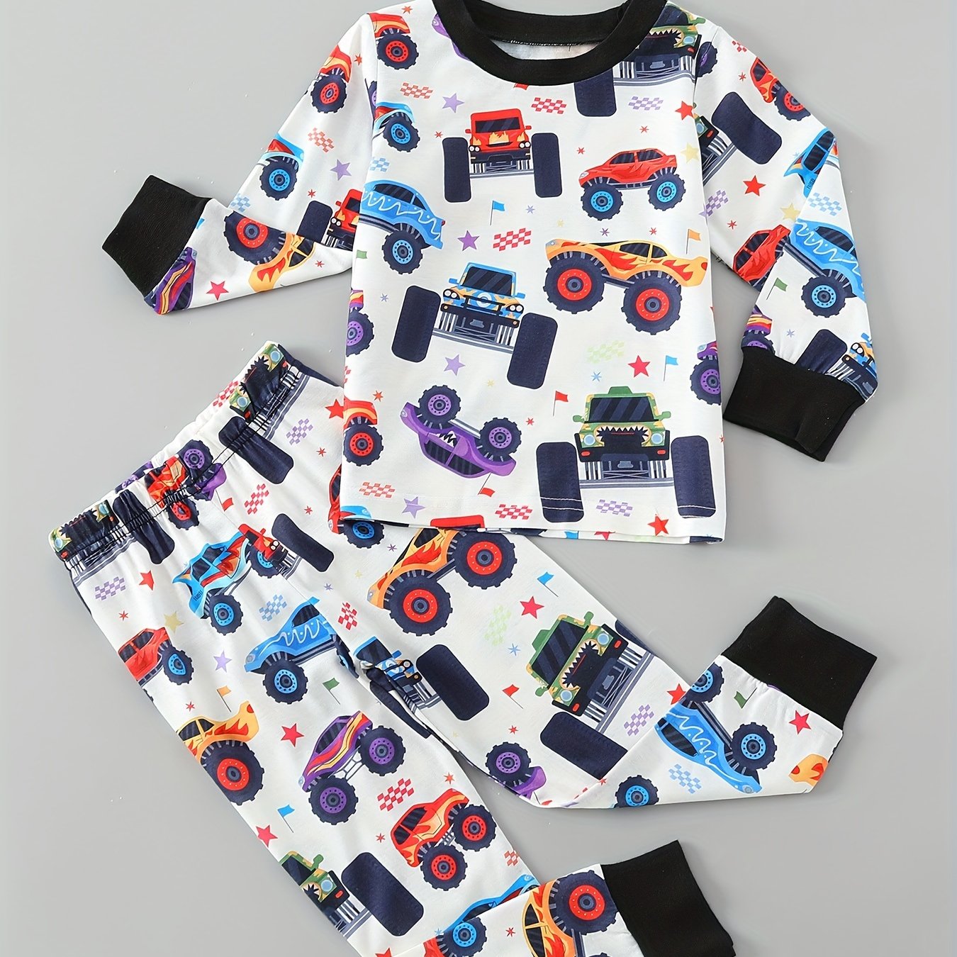Image of (flame-retardant Fabric) Random Print 2pcs Set - Round Neck Long Sleeve Top And Print Long Pants, Comfortable, Soft, Boys' And Set, Ideal Gift For Daily Life