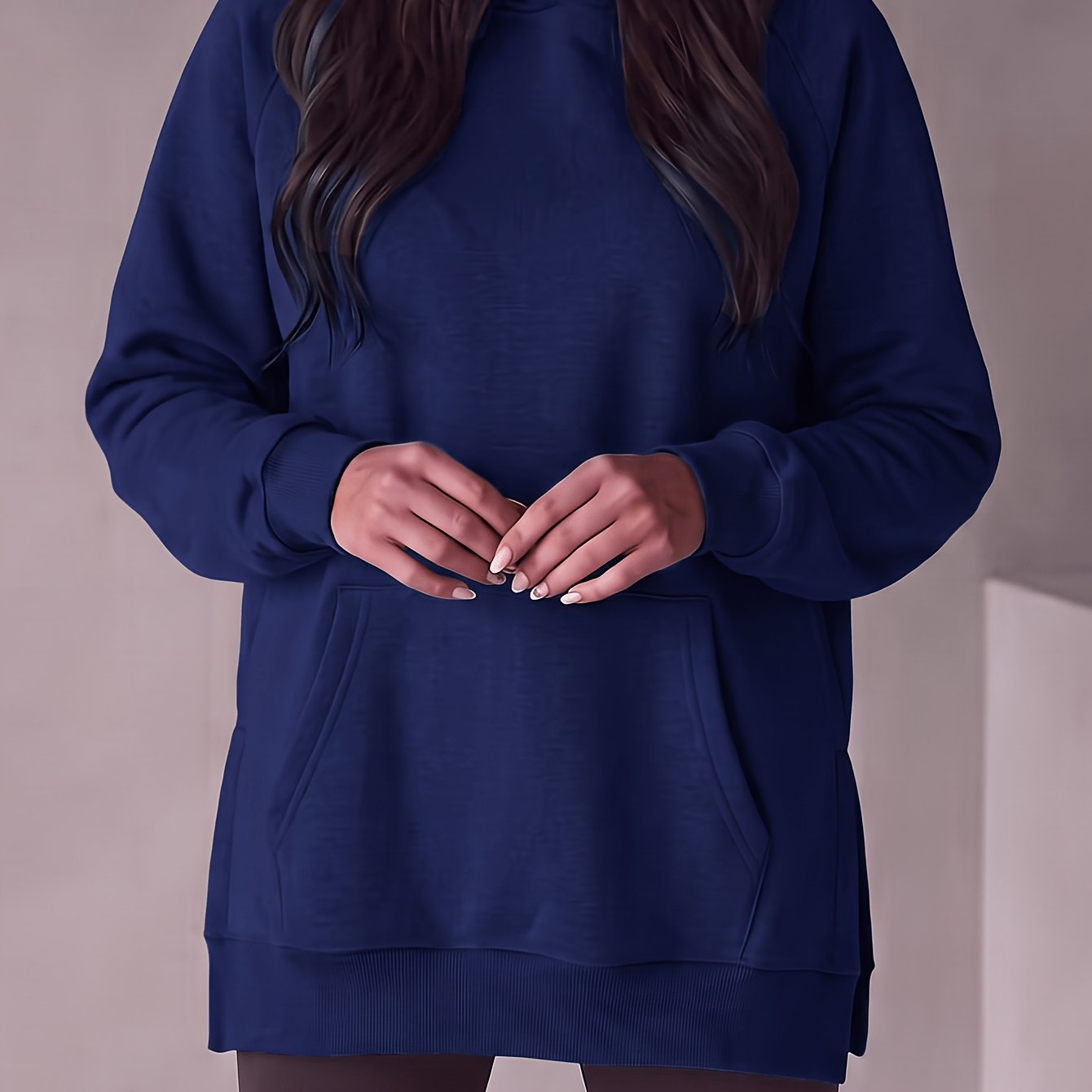 TEMU Solid Winter New Style Hem Slit Bottom Fleece Fashion Women's Hooded Sweatshirt, Halloween, Christmas Long Hem Slit Women's Casual Hooded