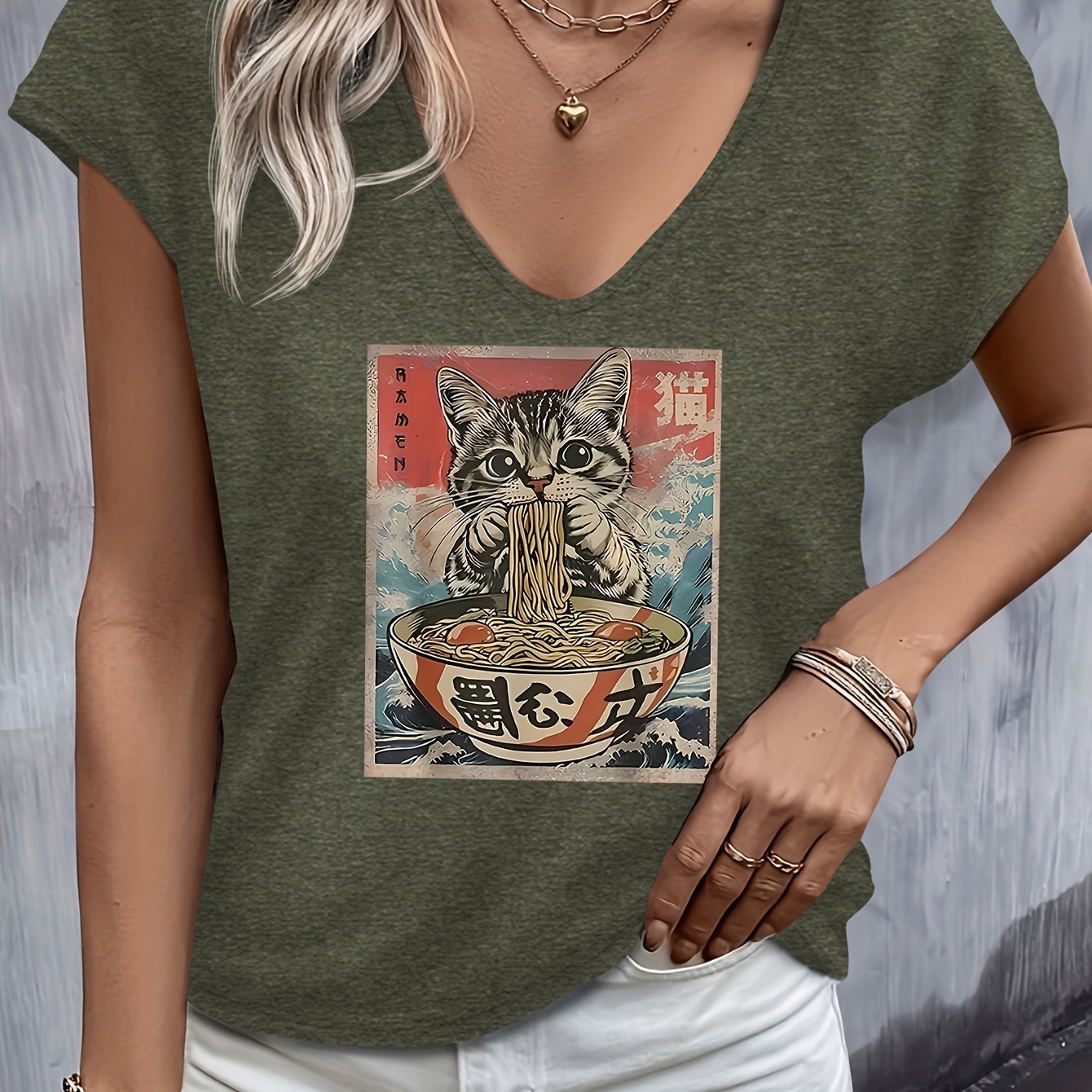 TEMU Vintage Anime Cat Eating Ramen Pattern Women's Casual Simple Versatile Comfortable Short-sleeve V-neck T-shirt