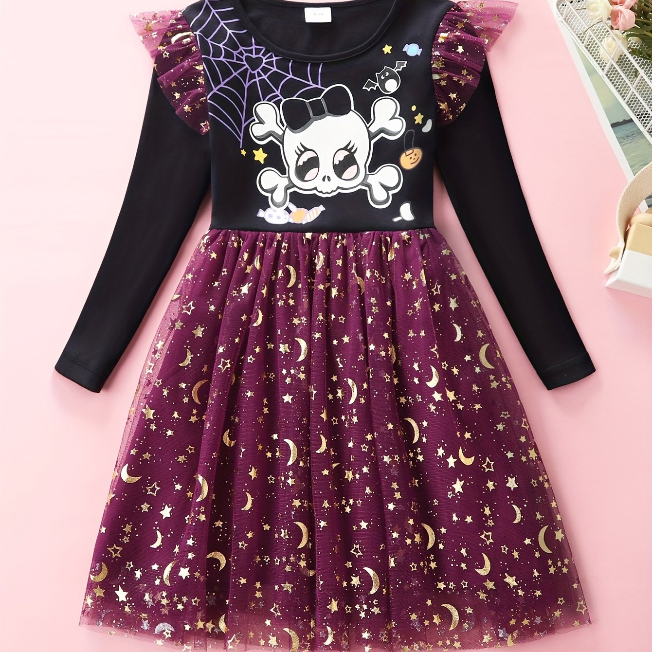 Image of Halloween Girls' Skull And Spiderweb Print Special Occasion Holiday Party Long Sleeve Dress Lh1745
