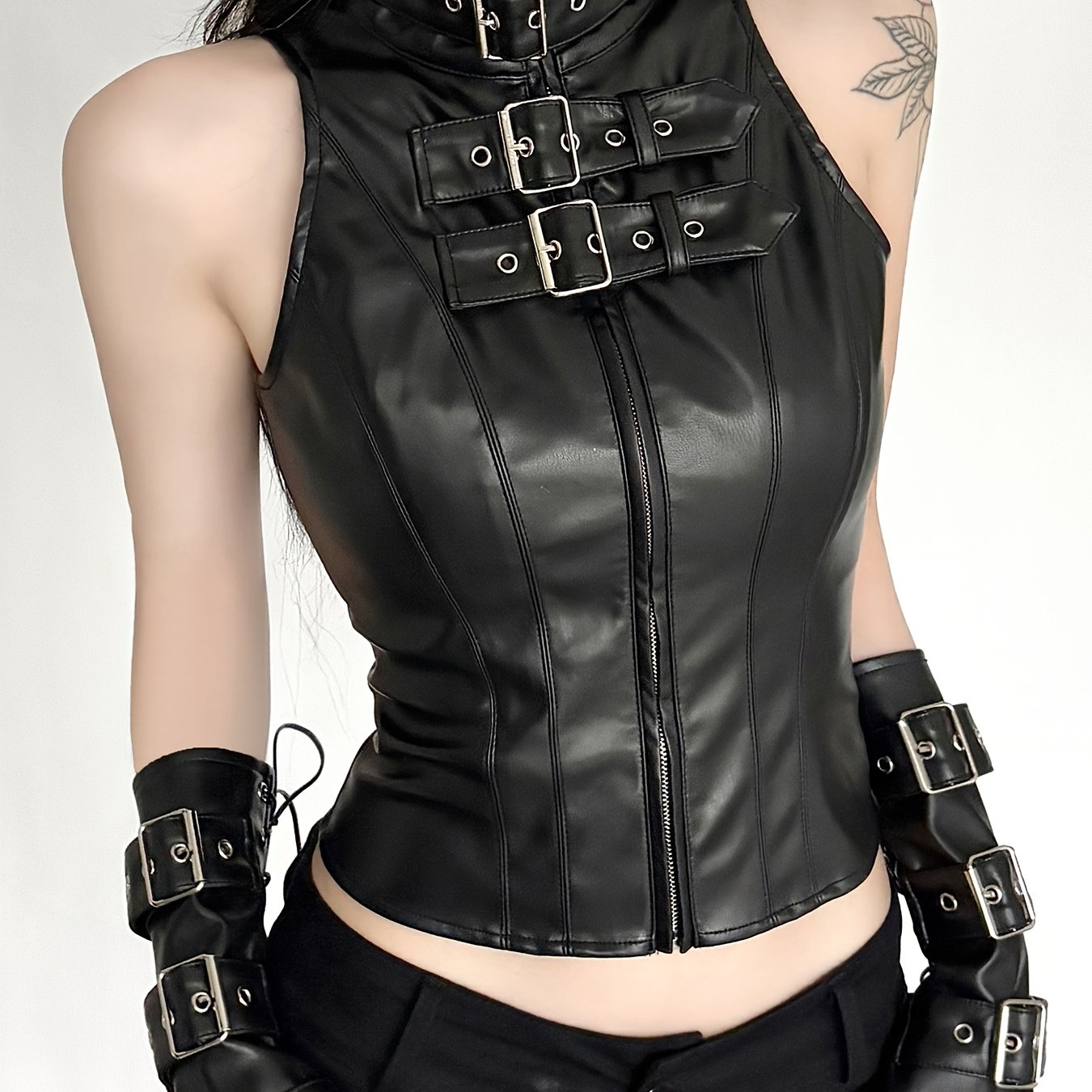 TEMU Iaey Metal Zipper Workwear Pu Vest, Fashion Motorcycle Style Dark Gothic Vest For Women, Arm Sleeves Not Included