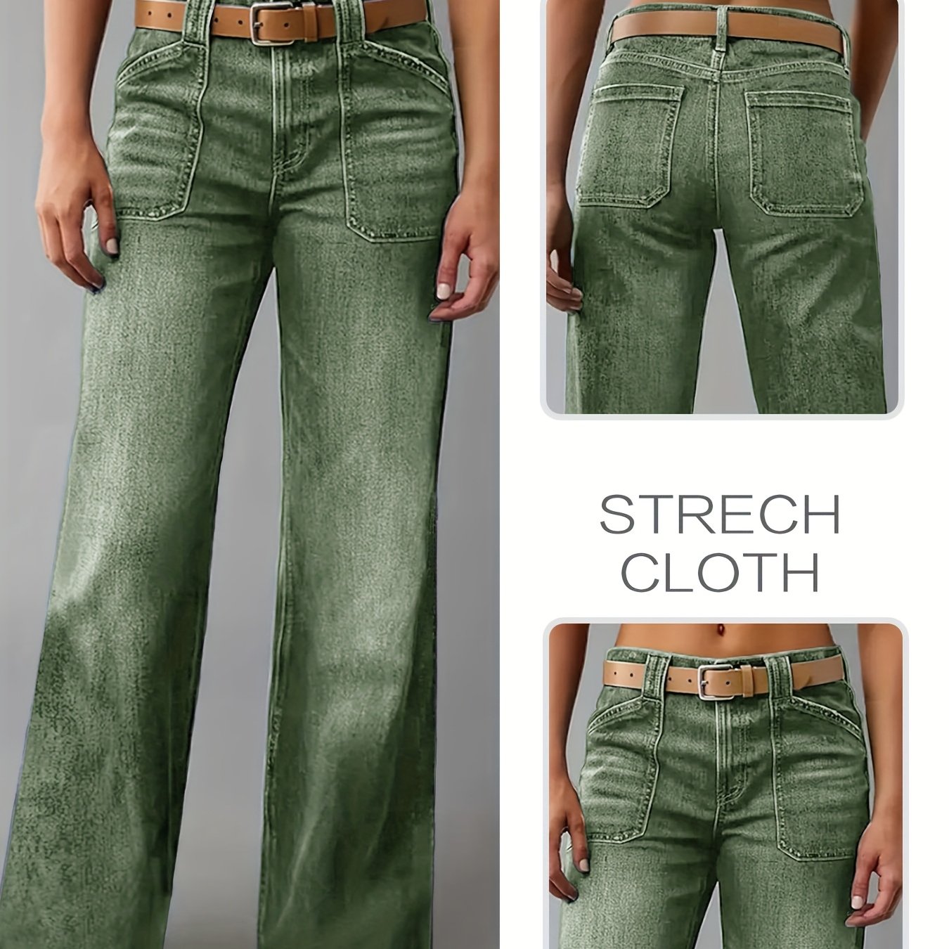 Image of Women's Stretch Fashion Loose New Wide-leg Jeans, Classic Washed Green With Pockets 90s Casual Pants, Comfortable Denim Trousers For Women, Ideal For Travel And Work Long Pants.