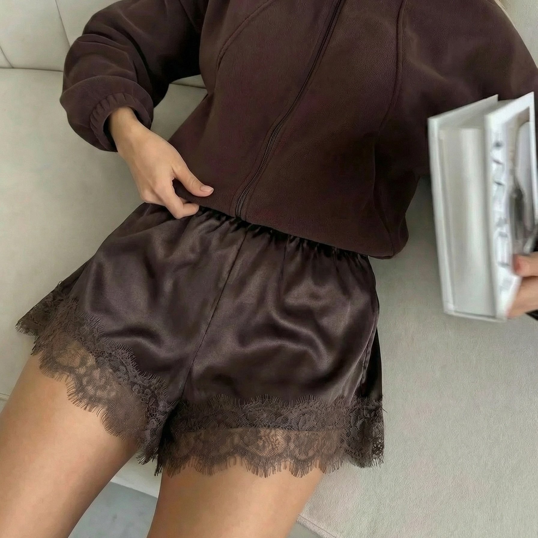 Image of Solid Color Y2k Luxury Elastic Waist Satin Women's Shorts, Lace Mini Women's Shorts, Suitable For Daily Casual All-match Sexy Flat Shorts, Comfortable Fabric
