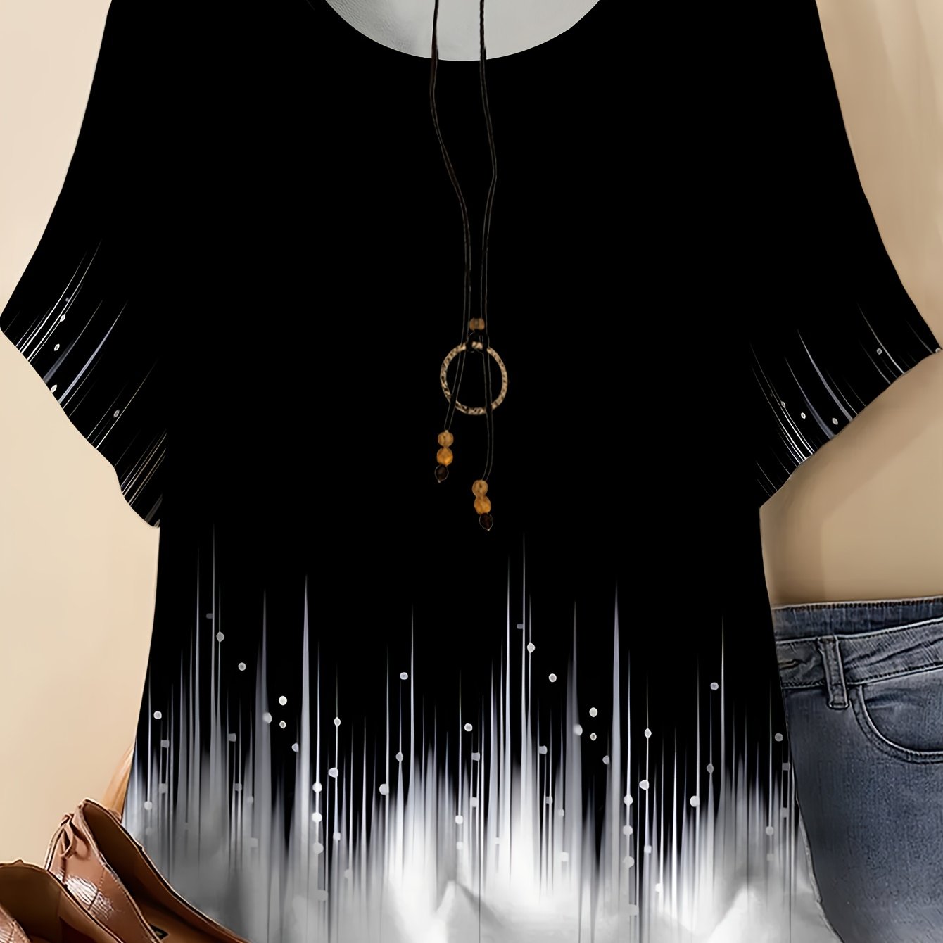 TEMU Women's Plus Size Oversized Gradient T-shirt - Short Sleeve Round Neck Blouse-compatible Base Layer Top | Full-body Ombre Print Loose Fit Shirt