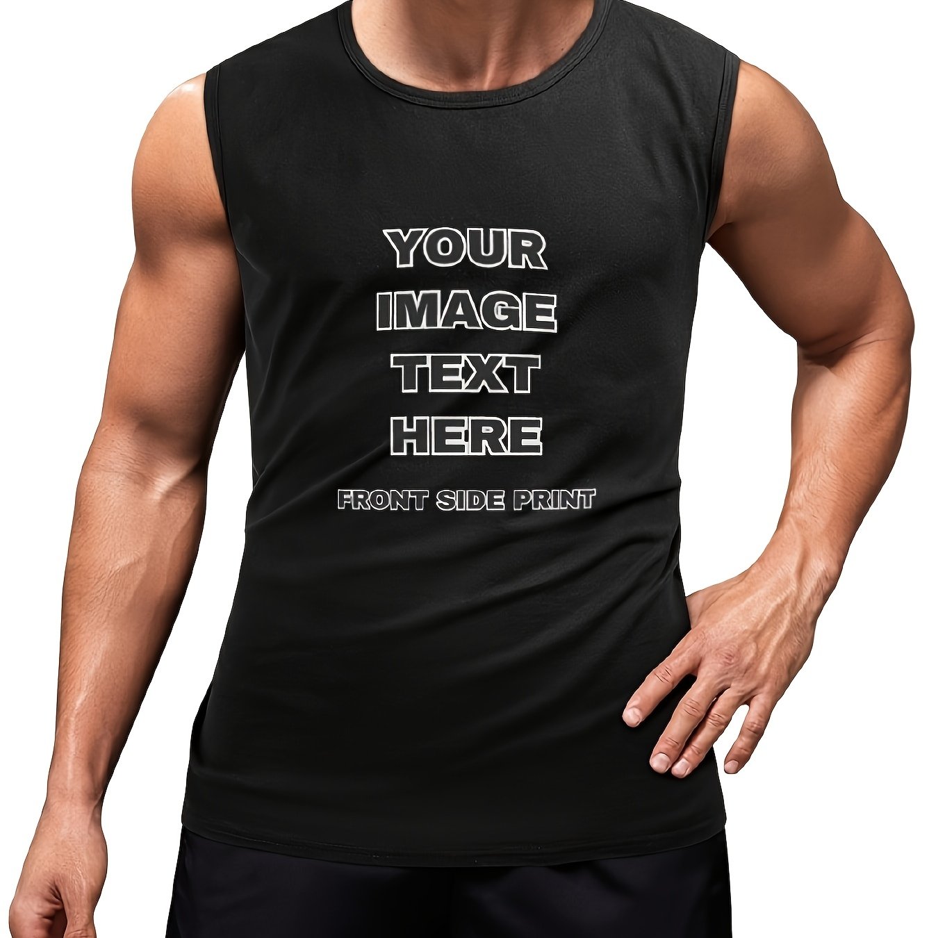 Image of Custom Men's Sleeveless T-shirt, Personalized Front-sided Print Pure Cotton Waistcoat. Add Your Image . Classic Crew Neck T-shirts Are Soft, Comfortable Casual Workout Trendy Sportswear.