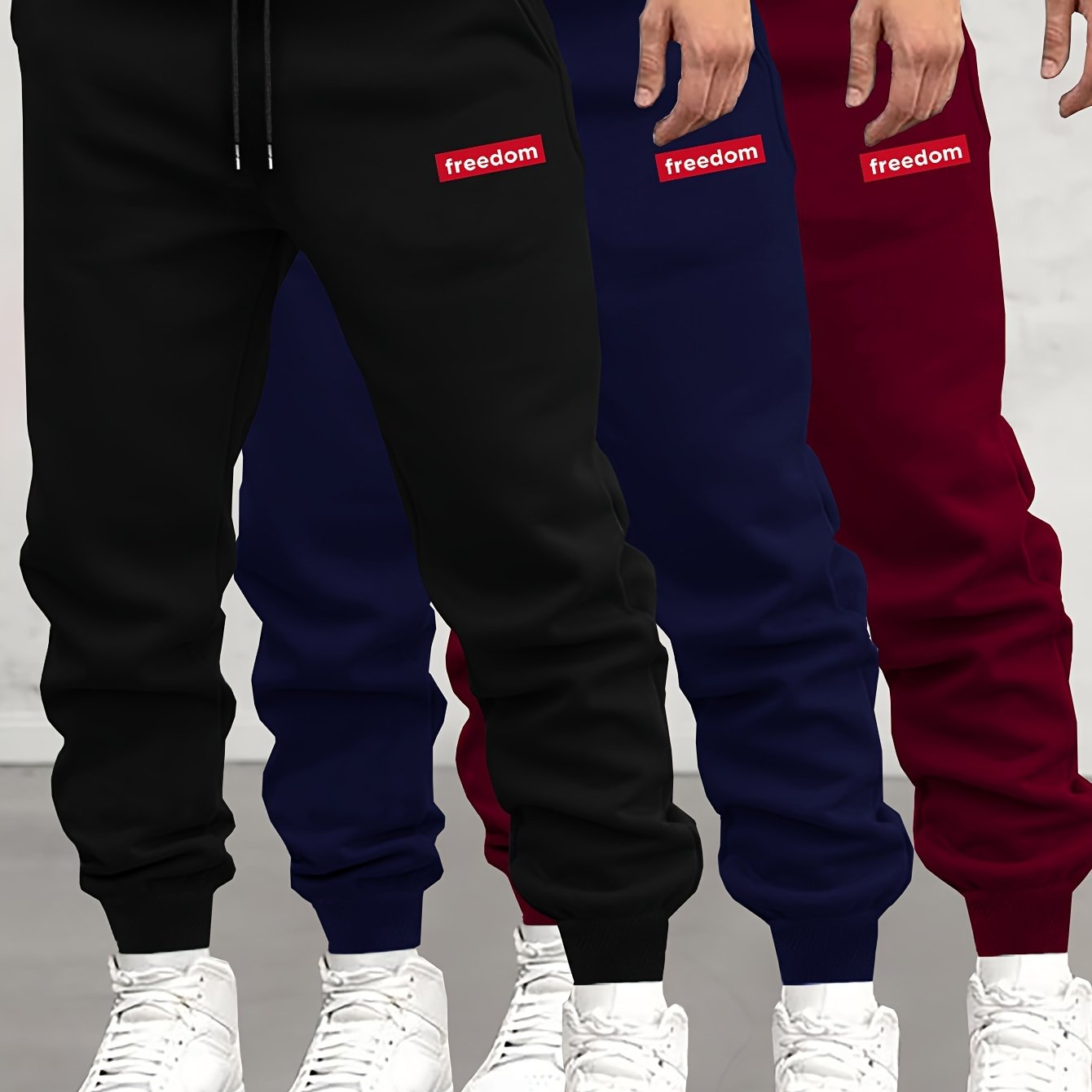 TEMU Letters Print 3pcs Men's Casual Jogger Sweatpants, Soft Autumn Winter Athletic Track Pants, Comfortable Outdoor Cuffed Drawstring Pants For