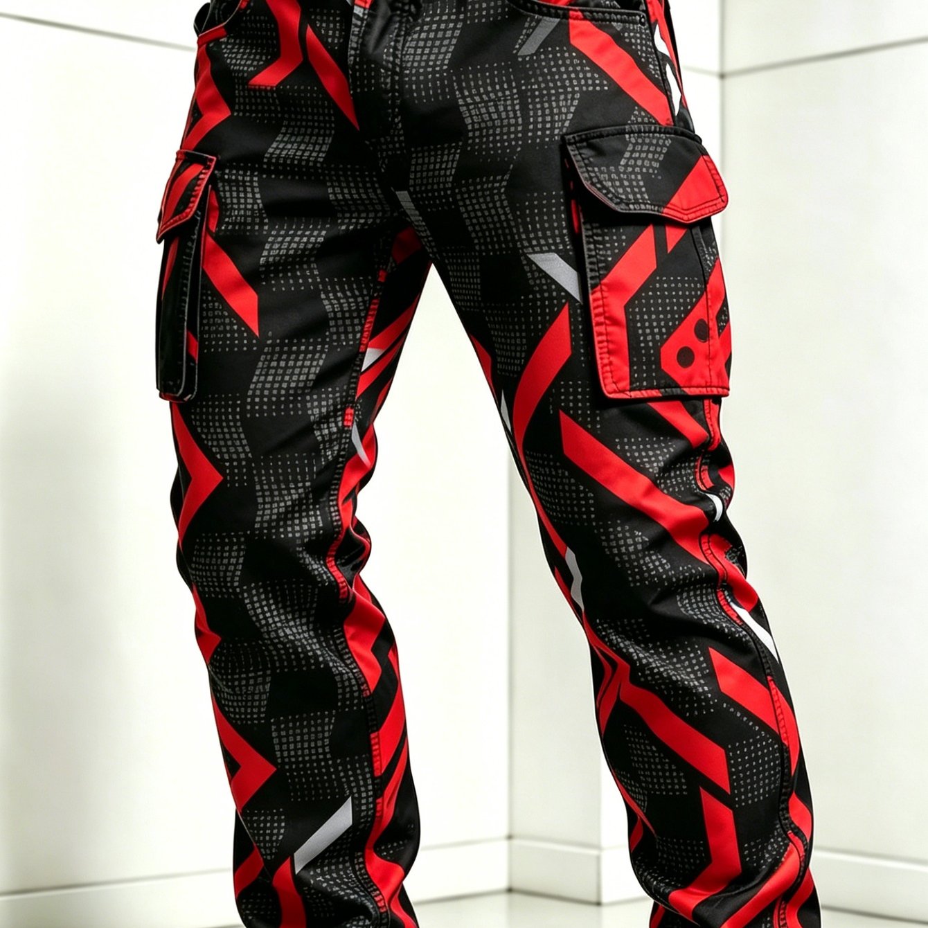 Image of Men's Cargo Pants With Red And Geometric Camo Print, Soft& Comfortable Fabric, , Belt Not Included, Stylish Streetwear Casual Trousers