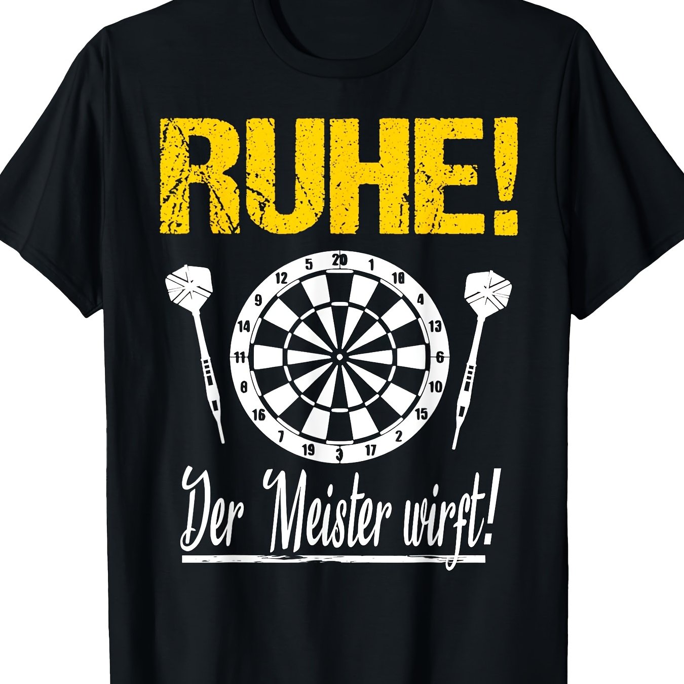 Men's Heavyweight 220gsm Cotton T-shirt - Black Distressed Dartboard Graphic Tee With German "ruhe! Der Meister Wirt!" , Round Neck Casual Short Sleeve Shirt For Darts Enthusiasts, Machine Washable