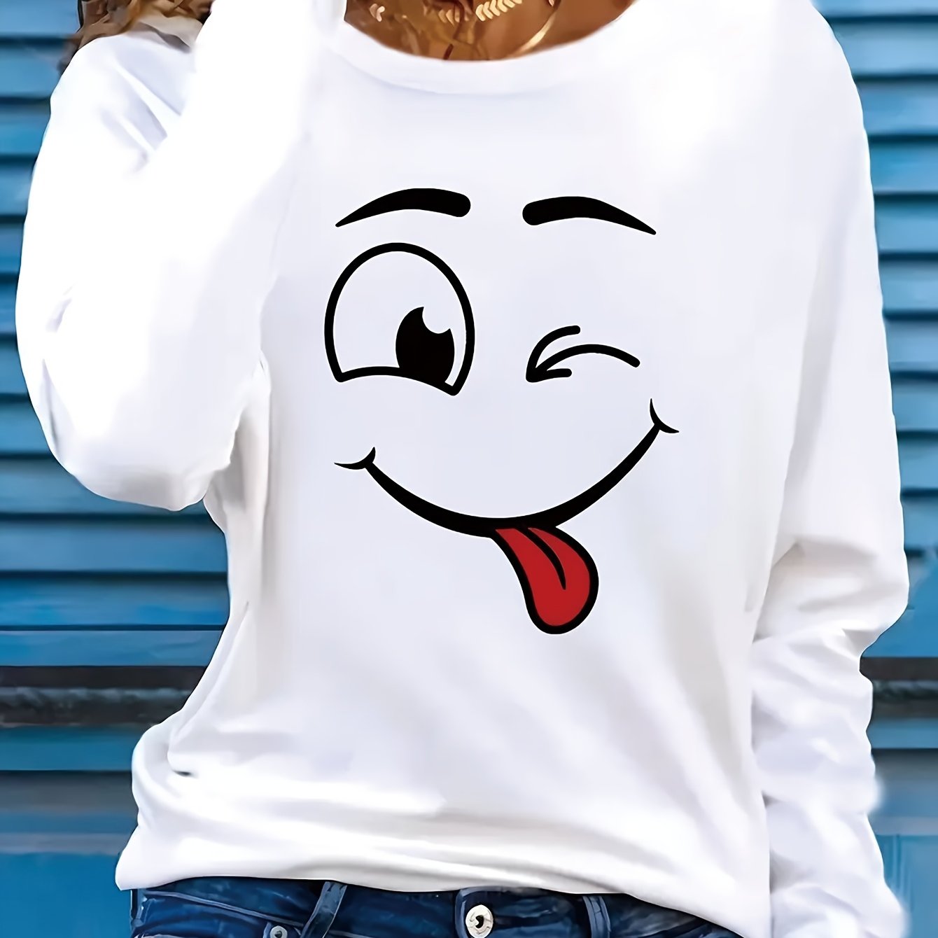 TEMU Women's Fun Print Long Sleeve T-shirt - Soft Round Neck Casual Top, Cartoon , Machine Washable All Season Shirt, Fashion Loose Winter Style,