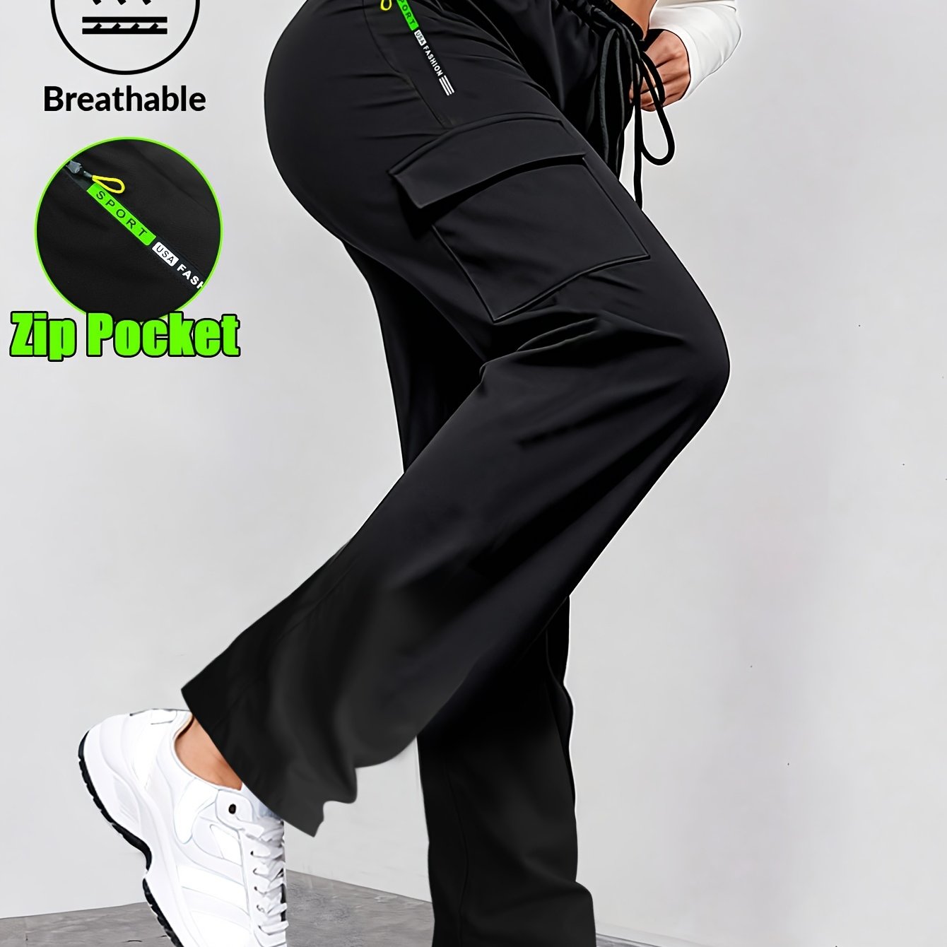 TEMU Women's Spring Autumn Letter Green Zipper Pocket Cargo Pants, Bag Design Drawstring Elastic Waist Casual Outdoor Trousers, Suitable For Outdoor