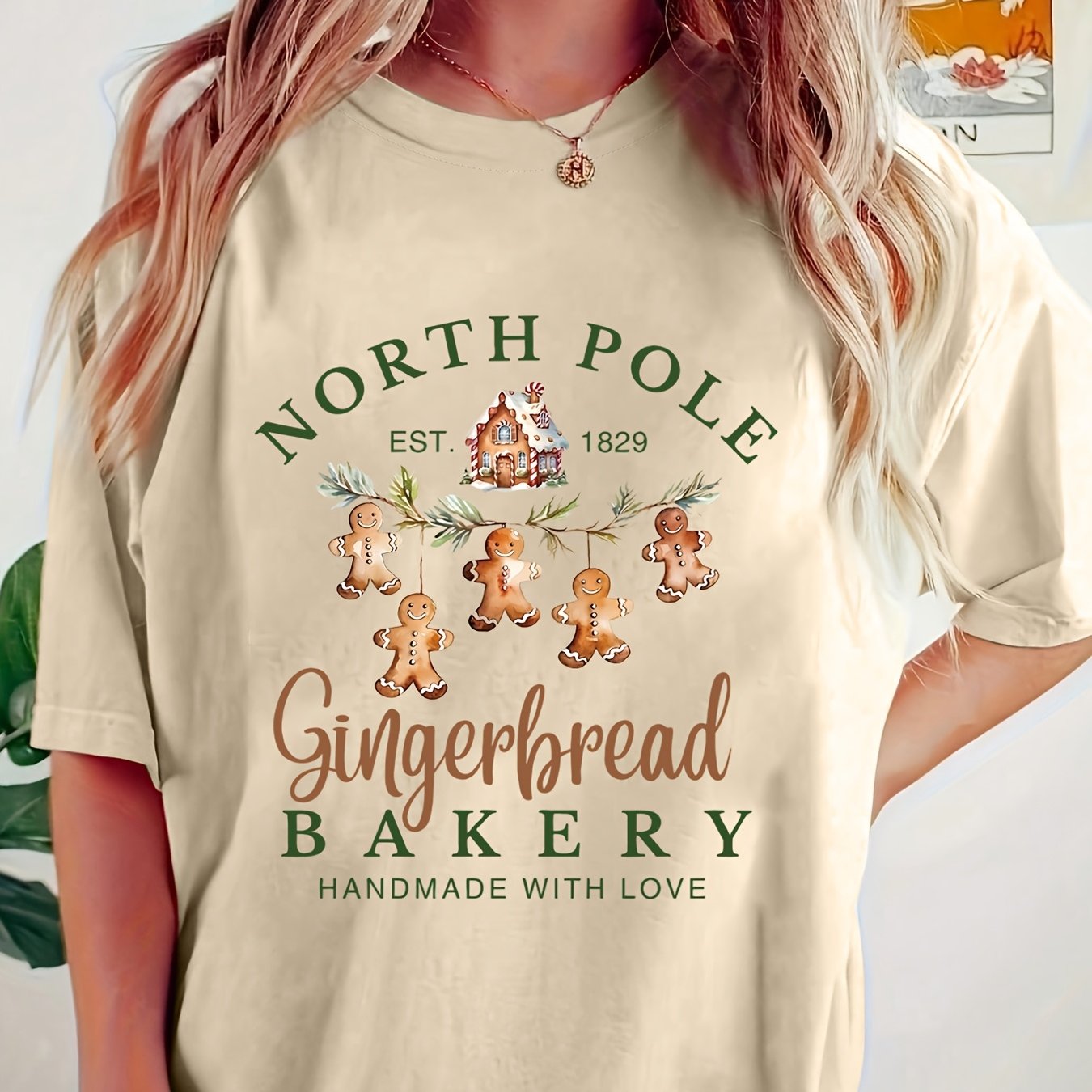 TEMU Women's Christmas Pattern T-shirt - Arctic Gingerbread Bakery Design With Santa Hat Gingerbread For Man And "" Print - Casual Crew Neck Machine