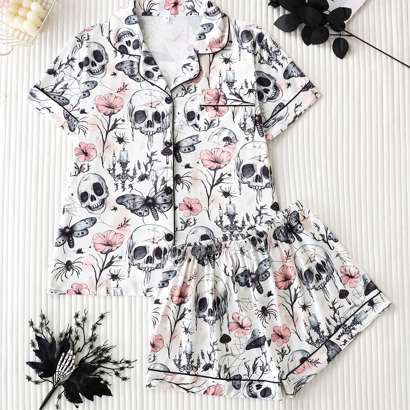 TEMU 2pcs Gothic Base Skull Floral Print Short Sleeve Women's Pajamas, Collared Button-up Short Sleeve Top And Loose Comfortable Shorts, Vintage