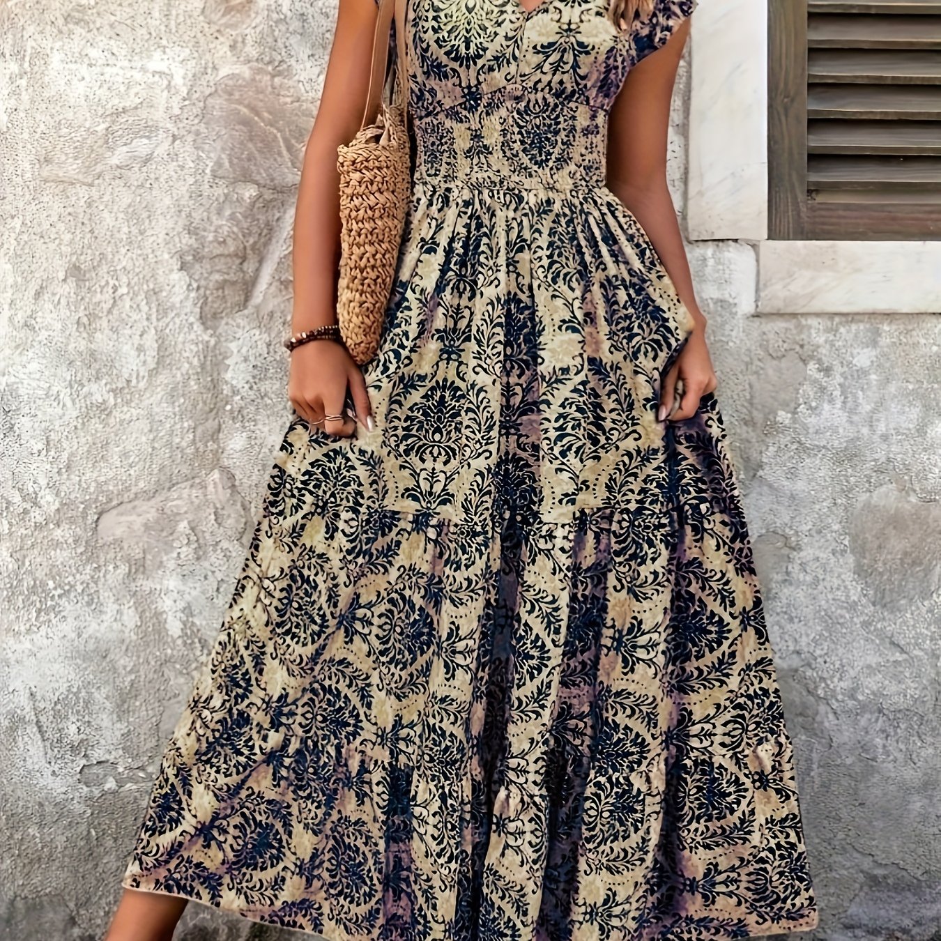 E-shop Plus Size - Plus Size - Sommermode Elegantes bedrucktes langes Kleid V-Ausschnitt Großes Schwingkleid