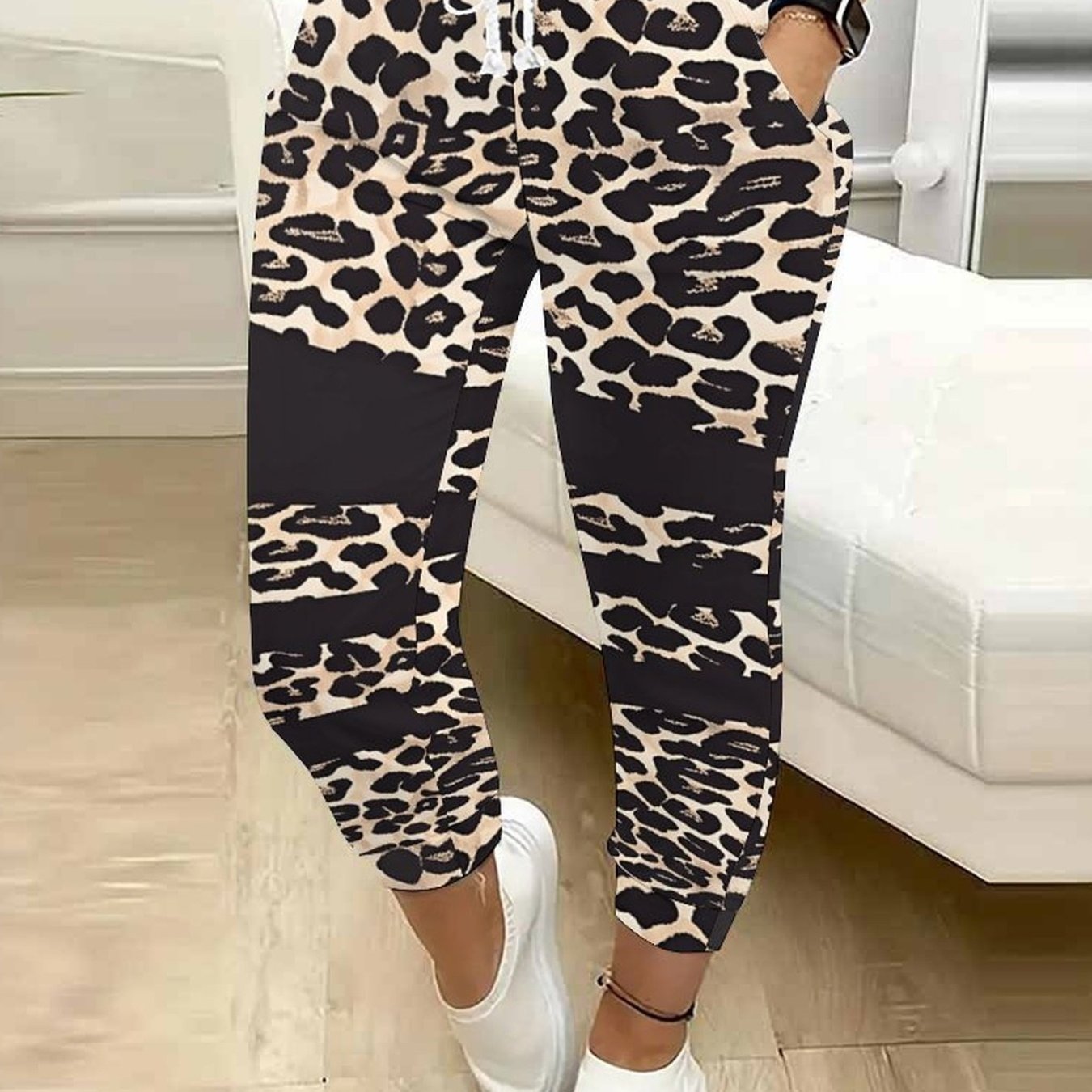 TEMU Women's Full-body Leopard Print Drawstring Trousers - - Casual & Pants Suitable For Outdoor, S, Casual Attire, Machine Washable With Full-length