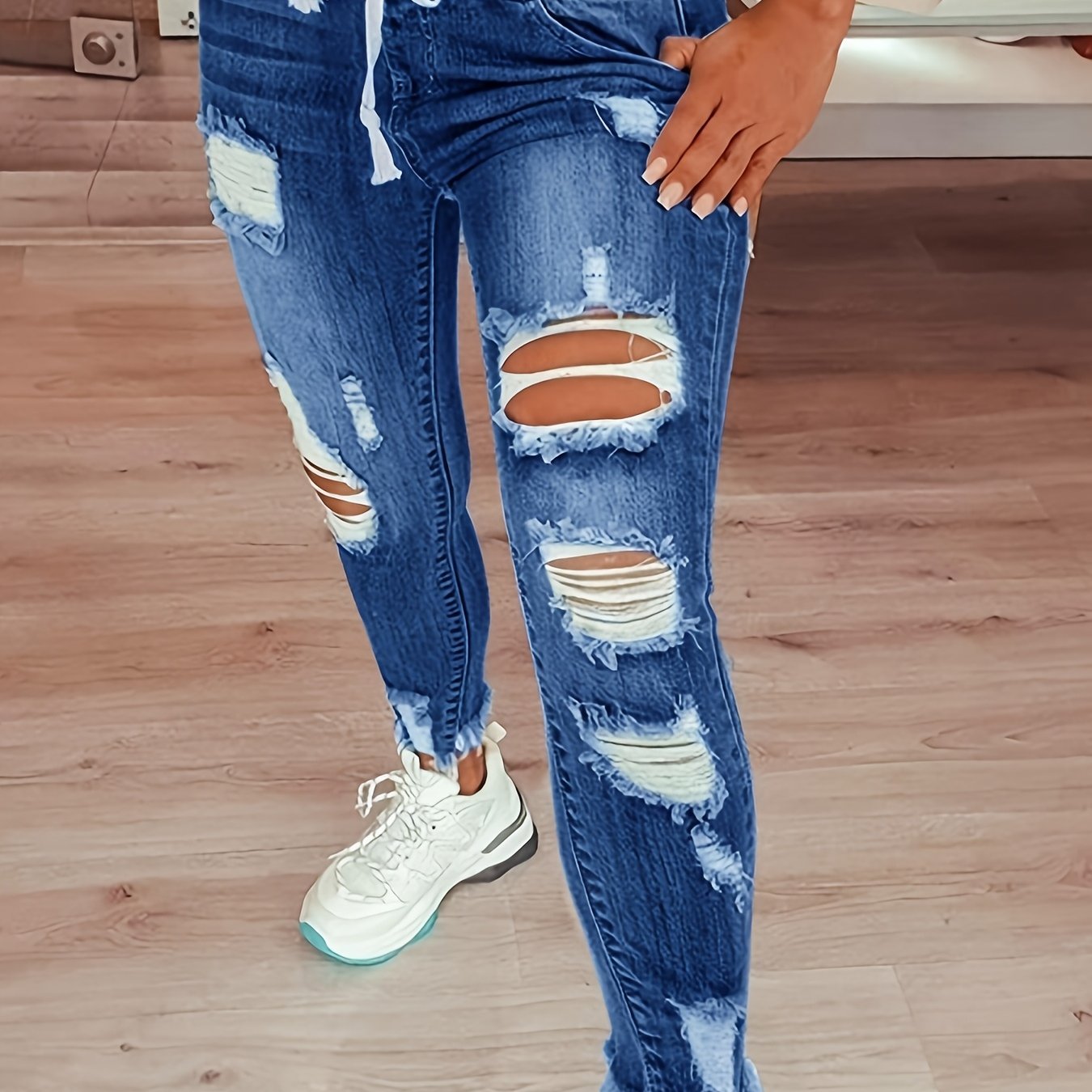 Women's Denim Trousers Elastic Waist Drawstring Style Ripped