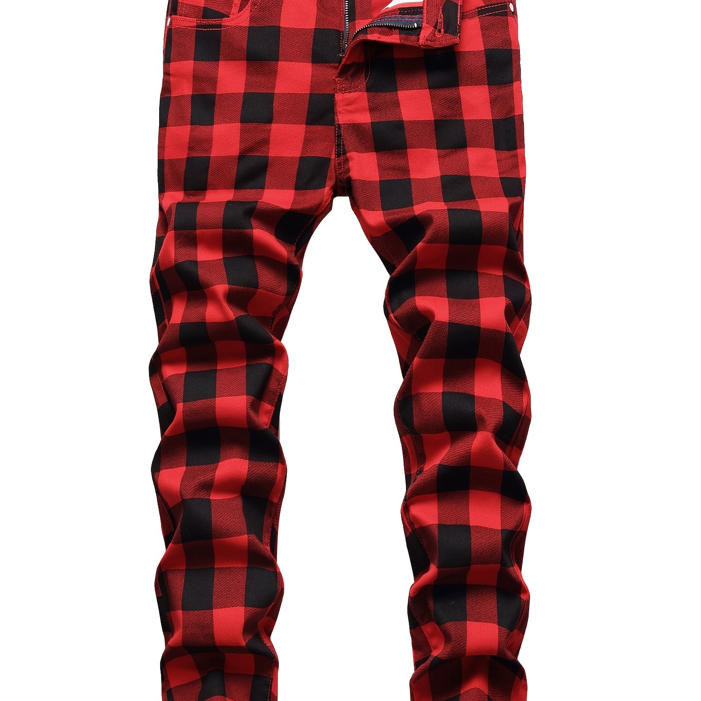 's Slim-fit Jeans, Elastic Print Checkered Fashion Trend Jeans, Durable Washable Fabric, Stylish Street Urban Style, Suitable For