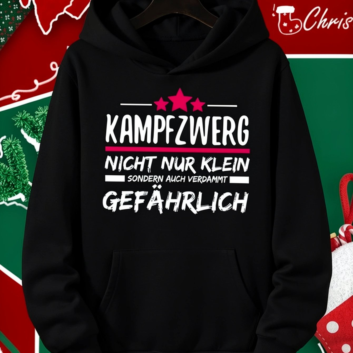 Image of 1pc, Kampfzwerg Small But Damn Women's Graphic Hooded Sweatshirt, Long Sleeve Pullover With Kangaroo Pocket, Black Streetwear Top For Fall Winter, Christmas Gift And Daily Wear