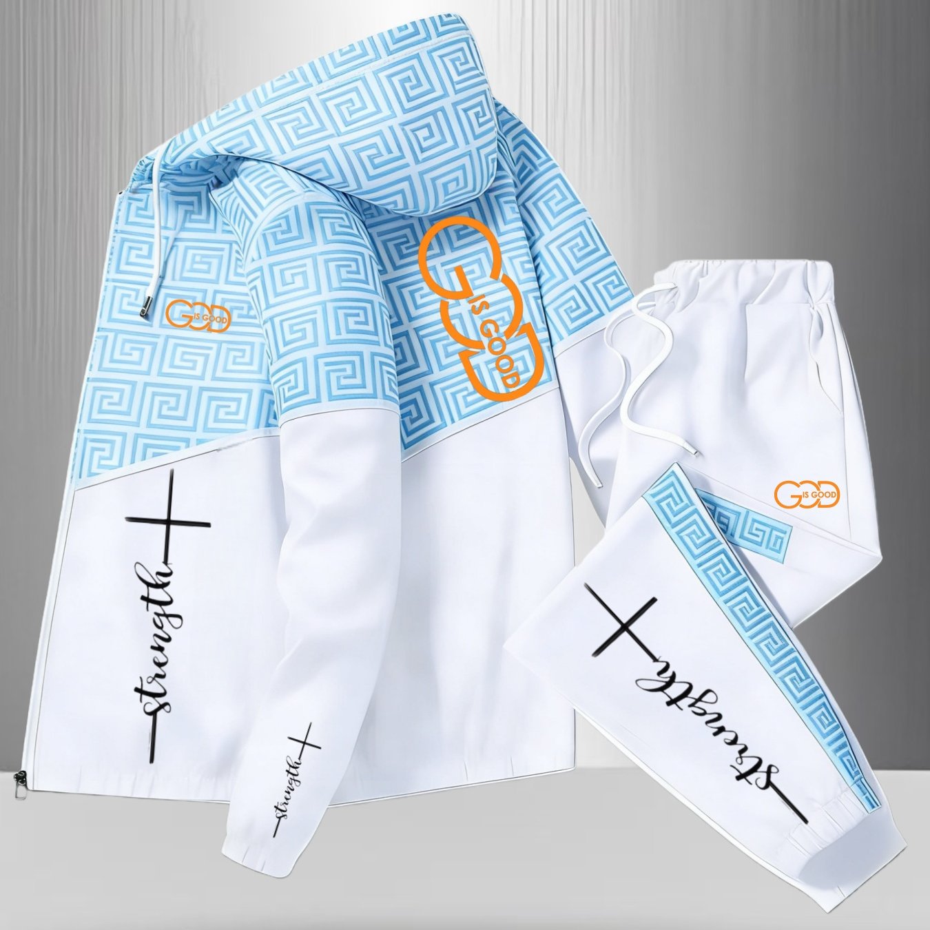Image of 2pcs Set: Men's Casual Contrast Print Hooded Zipper Long Sleeve Jacket And Casual Pants Set, Designed With A Maze Pattern, Suitable For Men And Women, In Multiple Colors. For Any Occasion