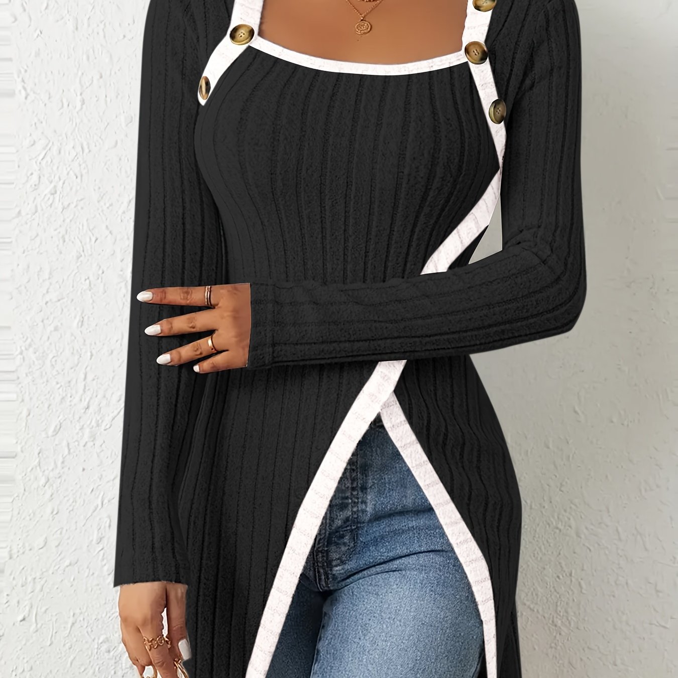 Image of Women's Elegant Button-front Black & White Contrast Square Neck Blouse - Medium Stretch Layering Top, Machine Washable T-shirt For Casual Or Dressy Wear