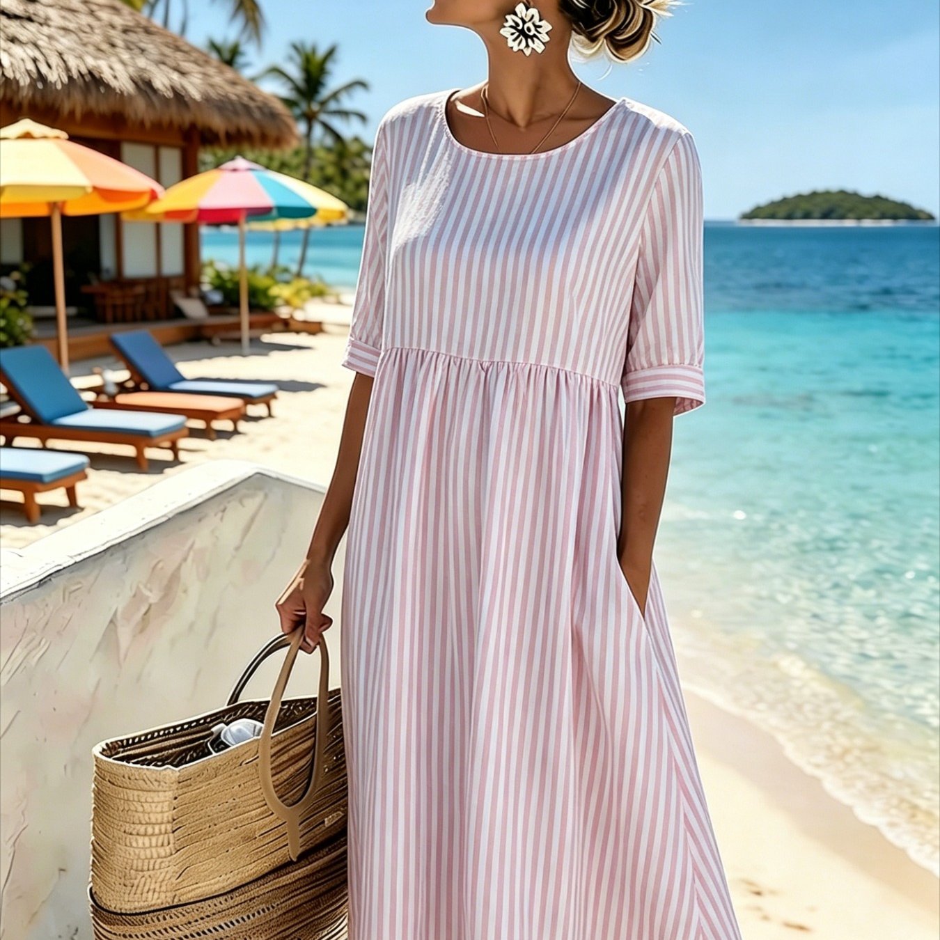Image of Black Women's Midi Dress - 3/4 Sleeve, Round Neck, Loose Fit. Machine Washable. Comfortable Beach And Vacation Dress, Perfect For Travel, , And Everyday Wear