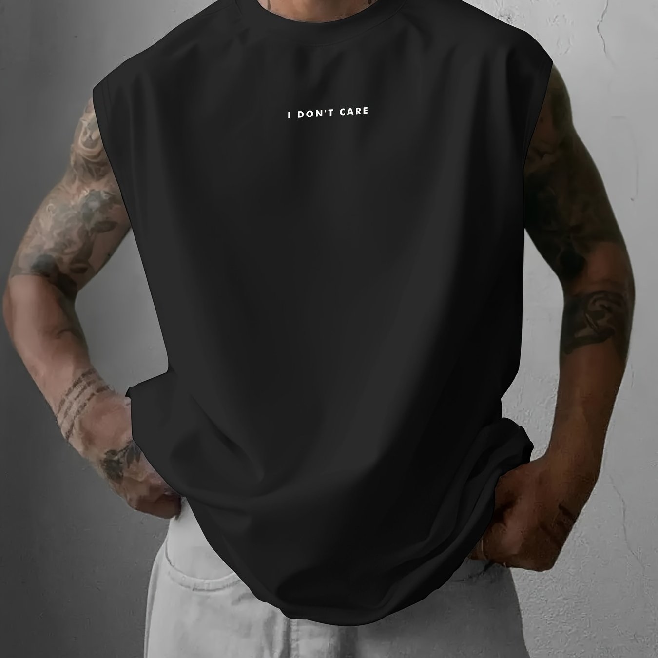 Men's 't Care Slogan Sleeveless T-shirt - Oversized Loose & Casual Round Neck Vest, Attitude Suitable For Workouts, Sports, Casual Attire - Machine Washable Non- Shirt