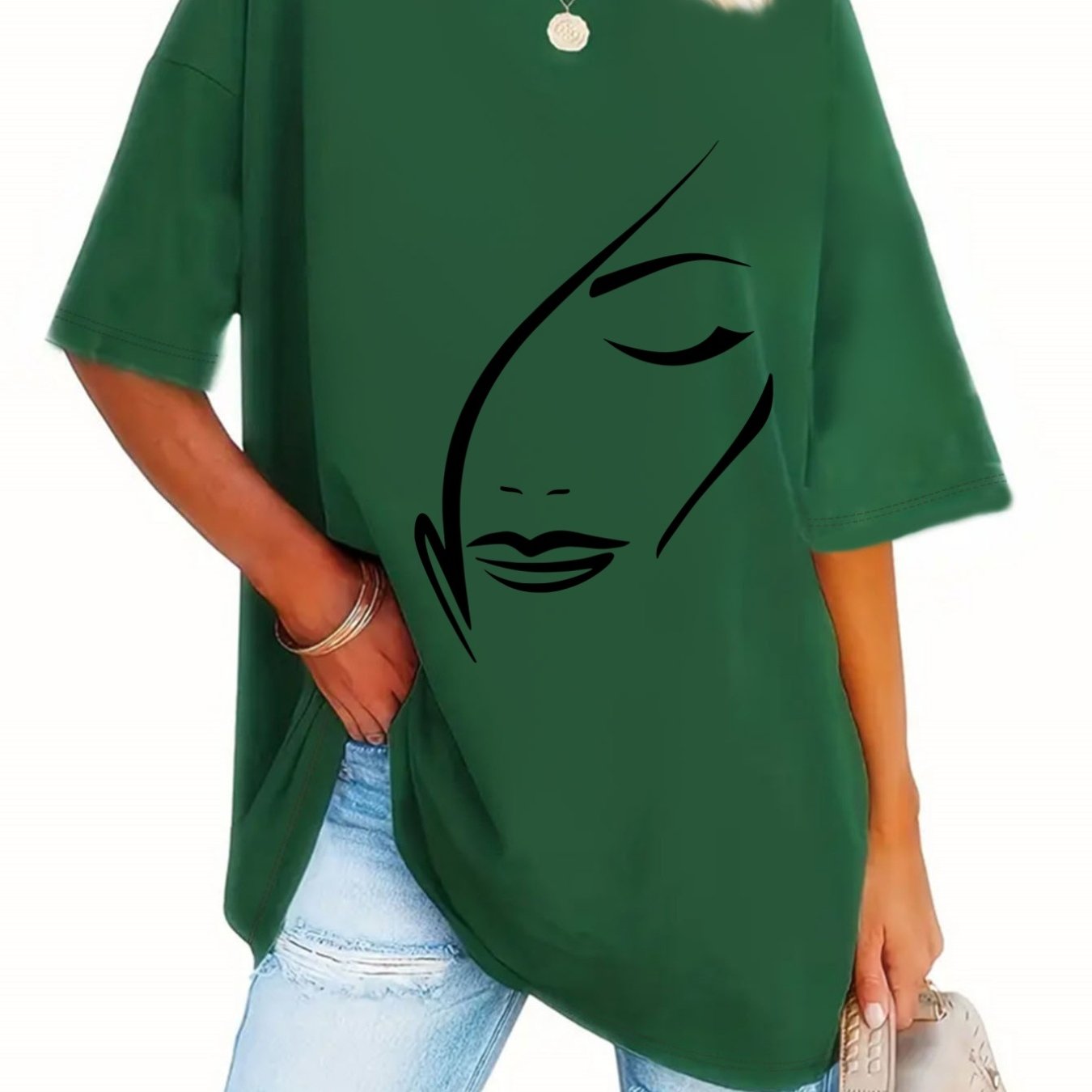 TEMU Plus Size, Pattern Print Fashion Round Neck T-shirt Plus Size