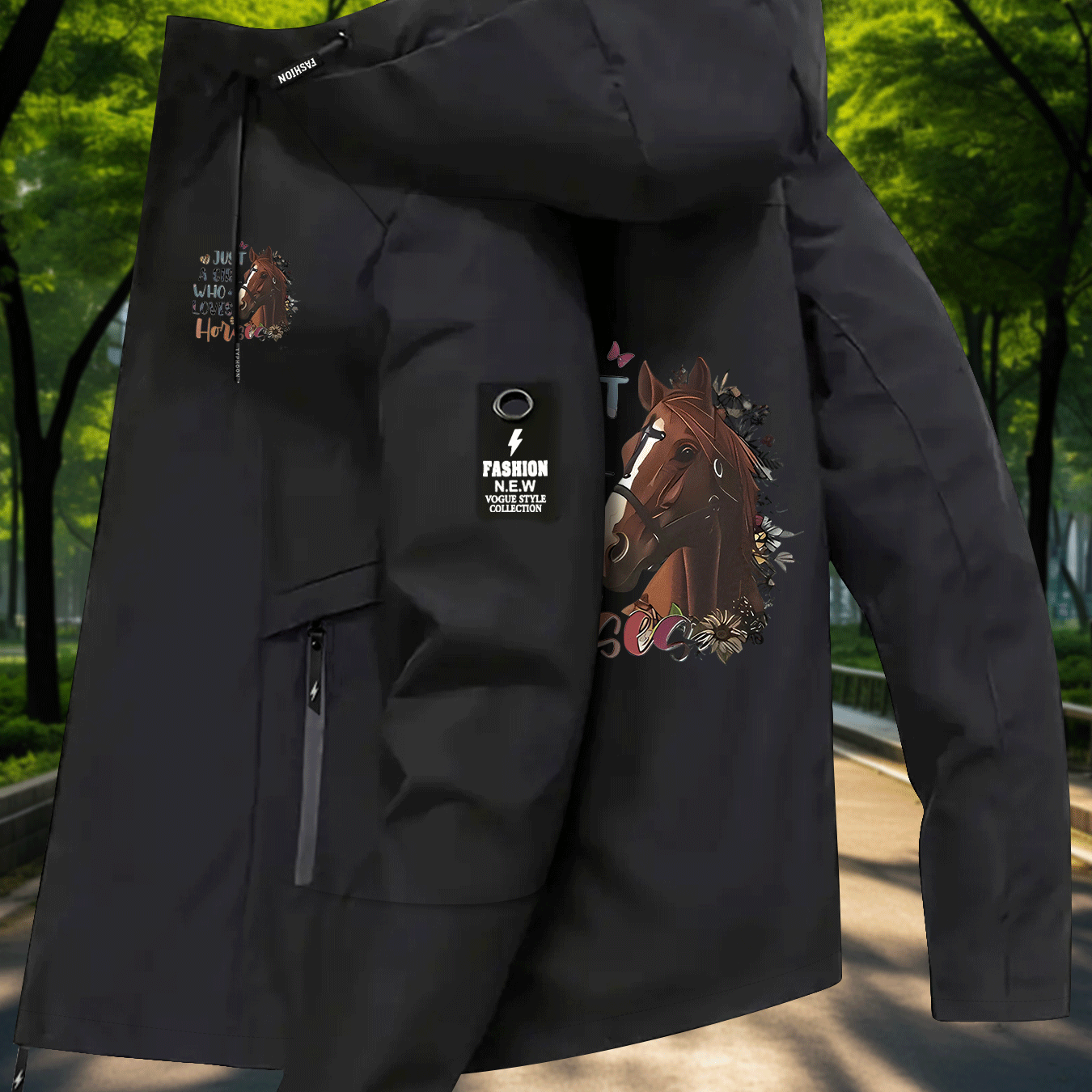 TEMU Style Just A Who Horses Printed Lightweight Windbreaker For Women, Breathable And Versatile For Spring And Autumn, Perfect For Commuting