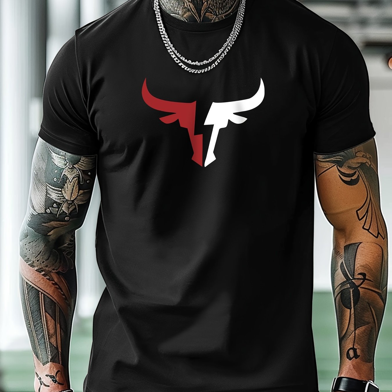 TEMU Red Cow Pattern Print Men' Comfy Breathable Novelty T-shirt New Casual Neck Short Sleeve Tee For Spring Leisure Vacation