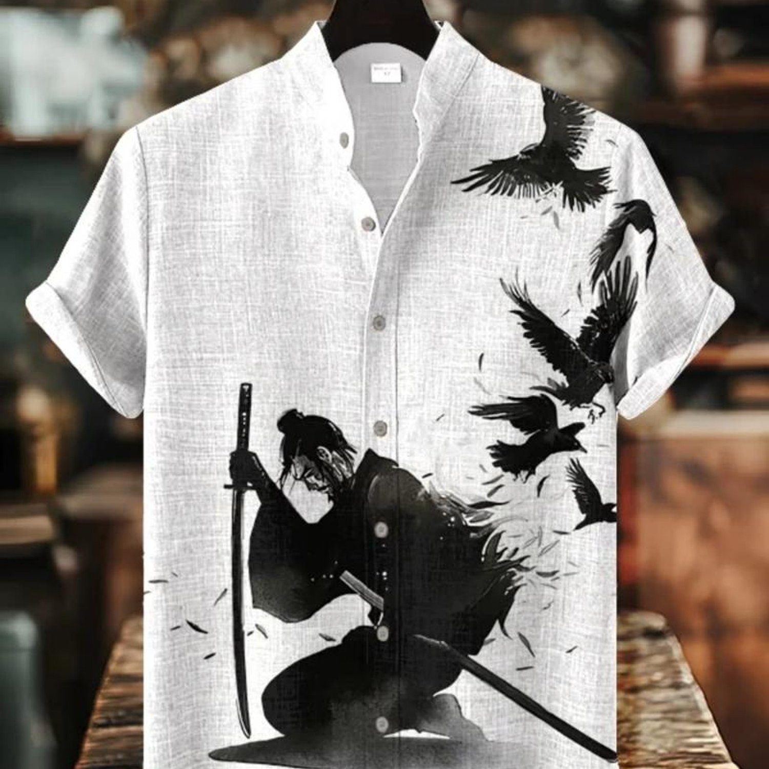 TEMU Men's Stand-collar Short-sleeved Shirt, Japanese & Printed, Polyester Fabric, Comfortable For Daily Wear, Mixed Color, Multiple Specifications ,