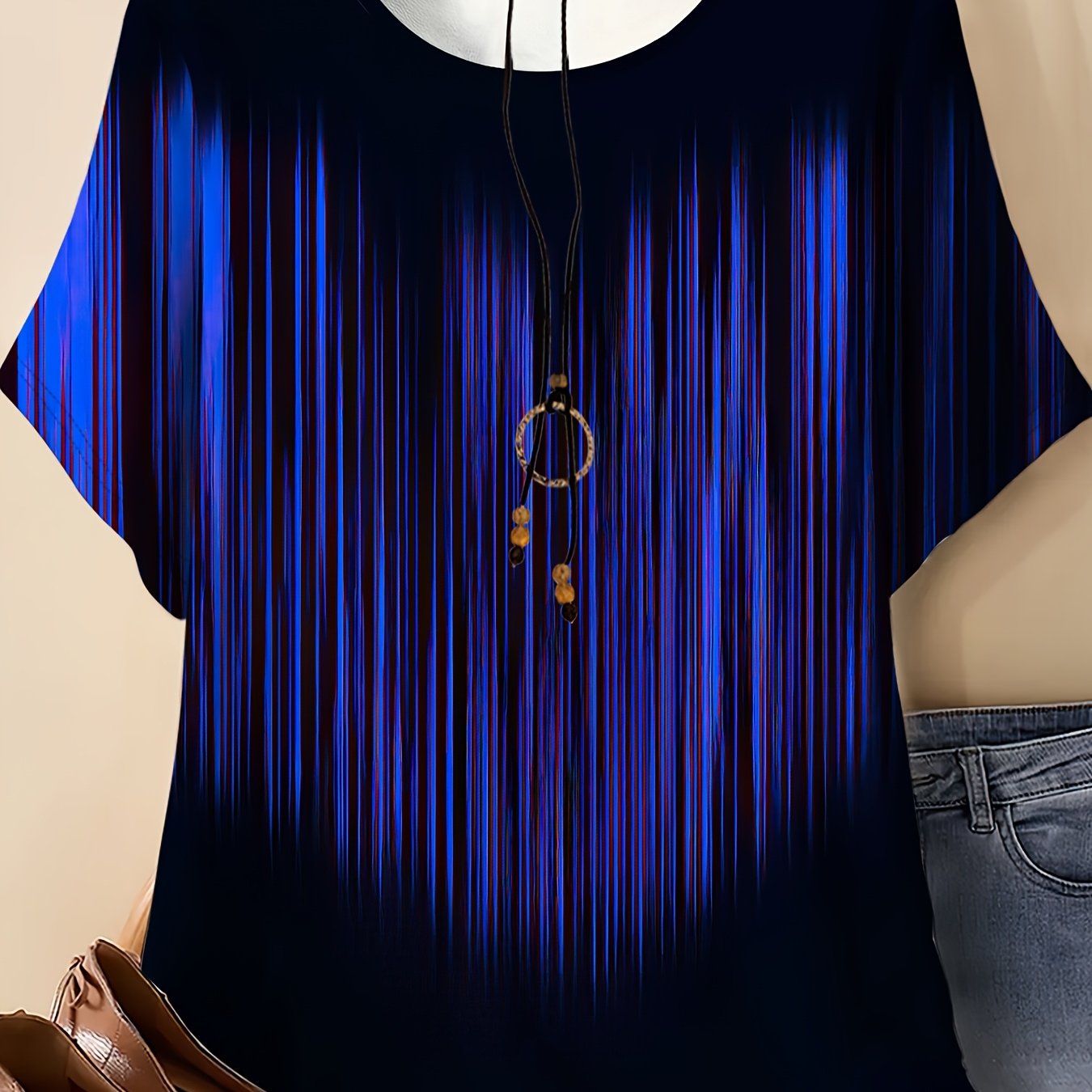TEMU Plus Size - Women's Round Neck Short Sleeve T-shirt, Artistic Lines - Heart Pattern Print, Easy And Individual Style. Elastic, Craft - Fabric