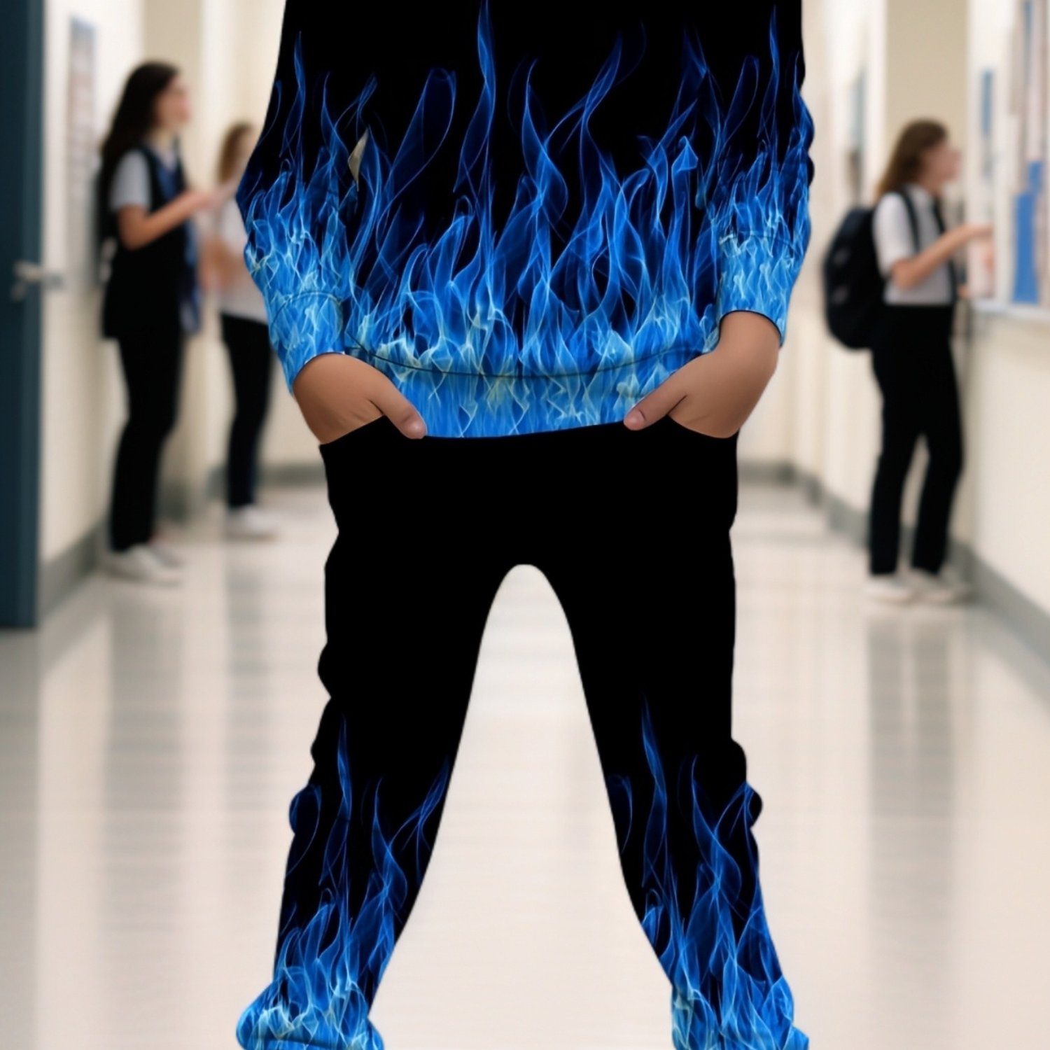 TEMU Boys' 3d Printed Hoodie And Sweatpants Set In Blue Flame Gradient - A Casual And Cozy Fiber Outfit For Autumn And Winter, Perfect For Outdoor