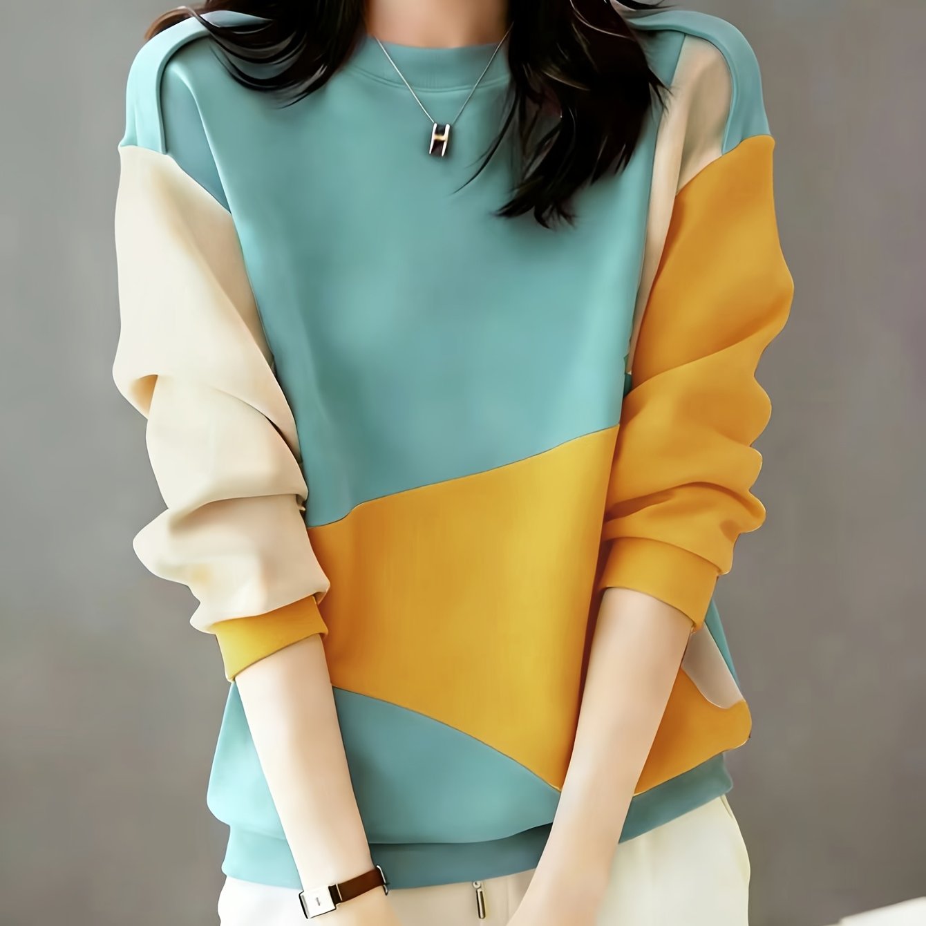 TEMU Fall Winter Women's -block Artistic Geometric Split Daily Casual Commute Sweatshirt