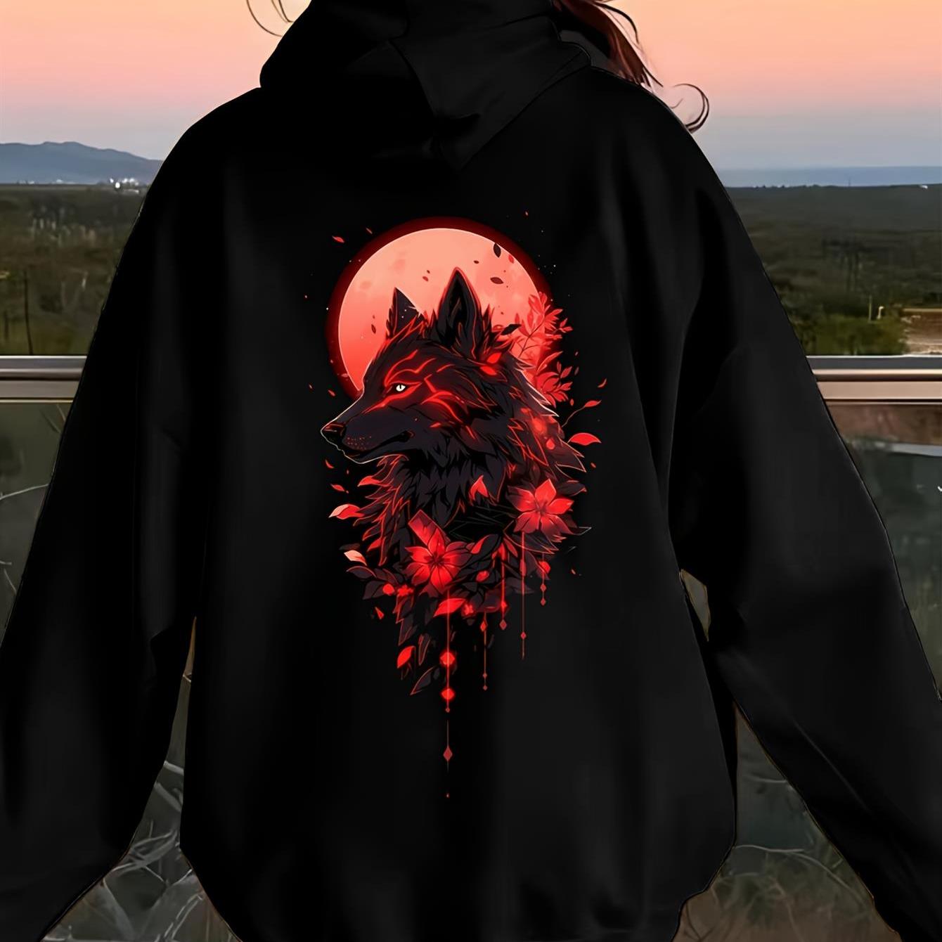 TEMU Women's Gothic Wolf & Floral Print Hooded Sweatshirt | Vibrant Hoodie With Drawstring Hood, Long Sleeve Casual Pullover For Women & Teens,
