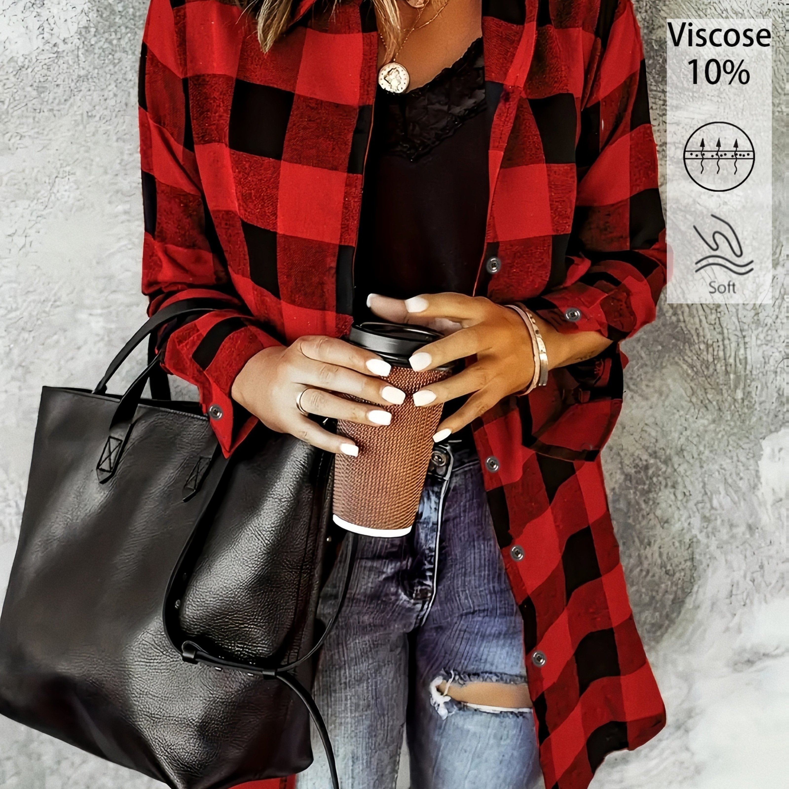 Image of Women's Elegant Collar Button- Shirt - Loose Fit Long Button-front Plaid Blouse Suitable For Daily Wear, Travel & Office - Machine Washable Classic Shirt