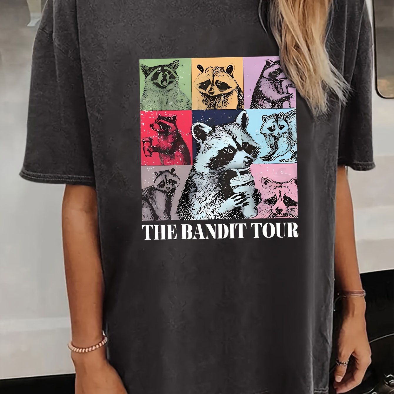 TEMU T-shirt ras du cou imprimé raton laveur de dessin animé, haut décontracté à manches courtes pour l'été et , vêtements pour femmes