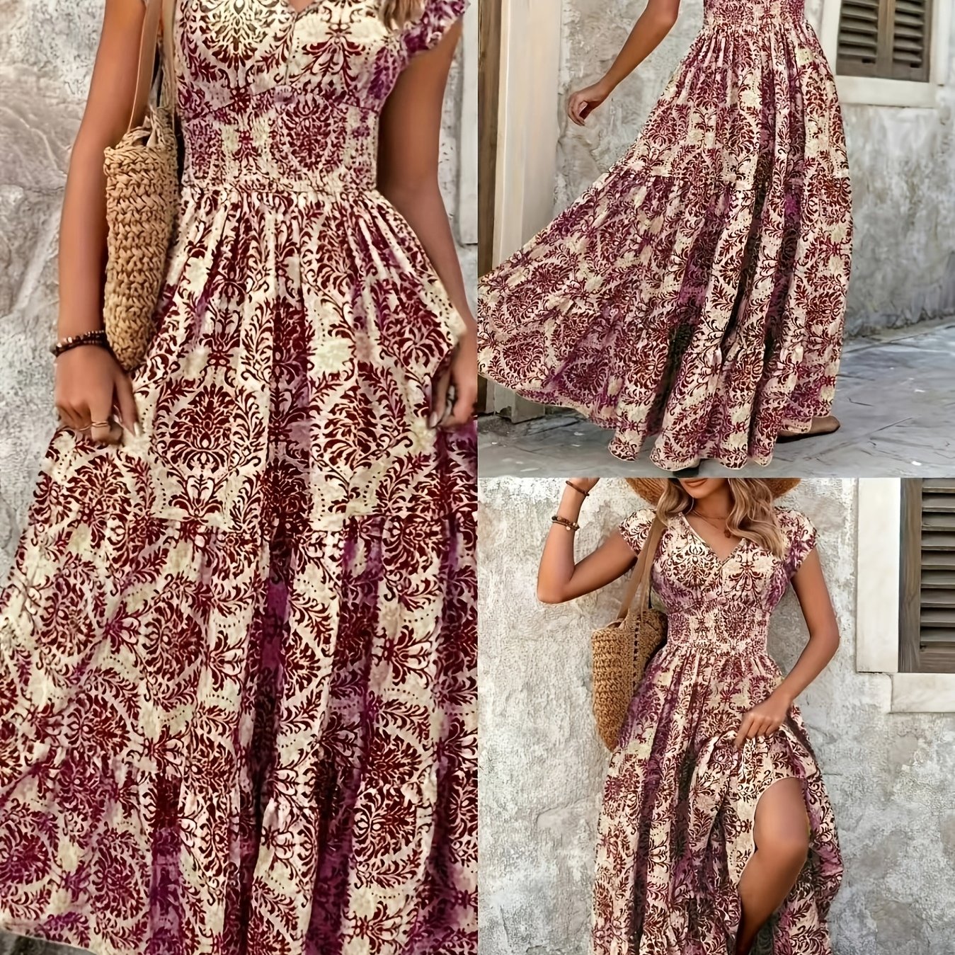 TEMU Plus Size, European And Size Women's V-neck Waist-cinching Short Sleeve Printed Long Dress, Vintage Bohemian Style, Loose Fit Flattering And,