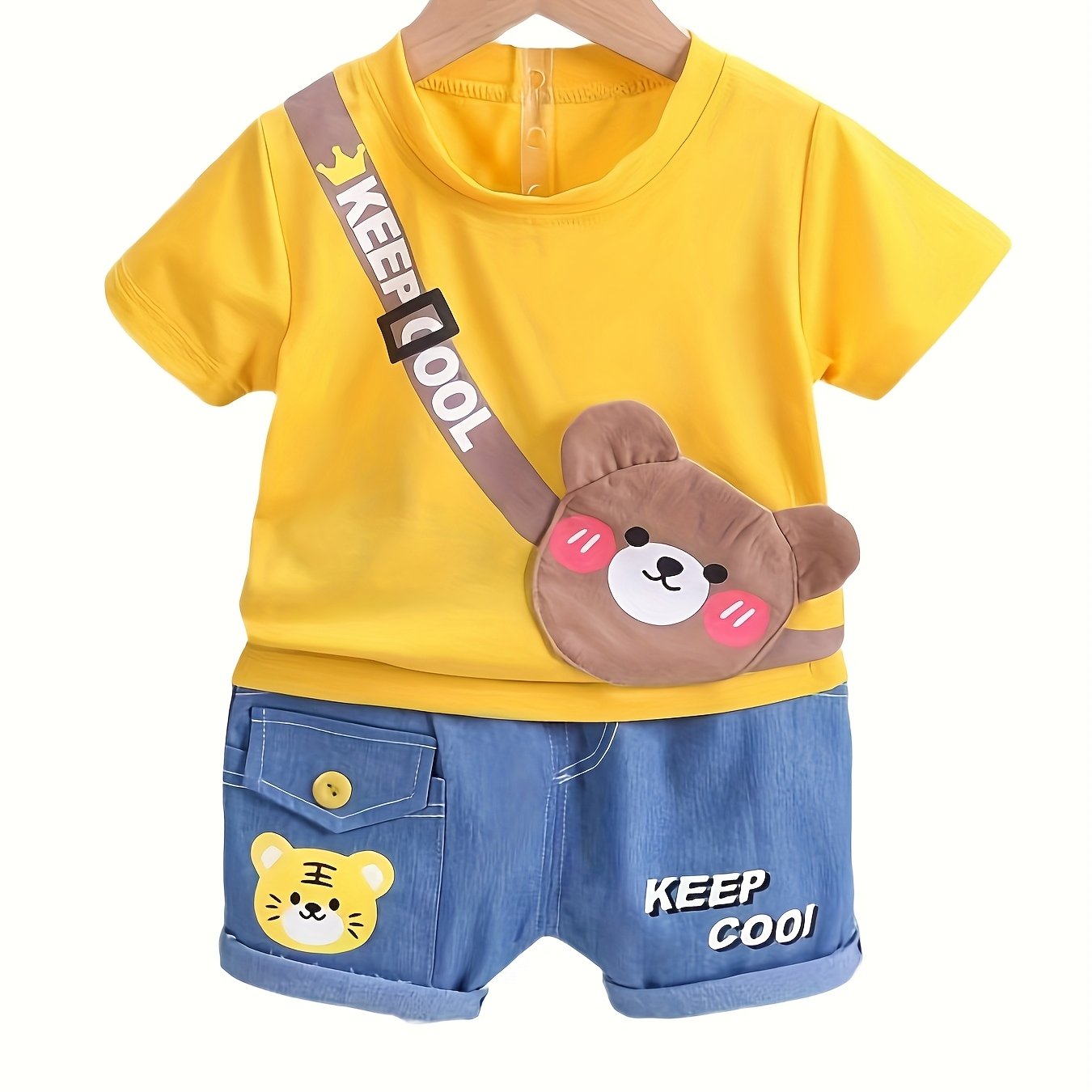 Image of Summer Children's Clothing Short-sleeved Shorts Set Fashionable Baby Summer Clothes Toddler Satchel T-shirt Cartoon Set, For Outdoor