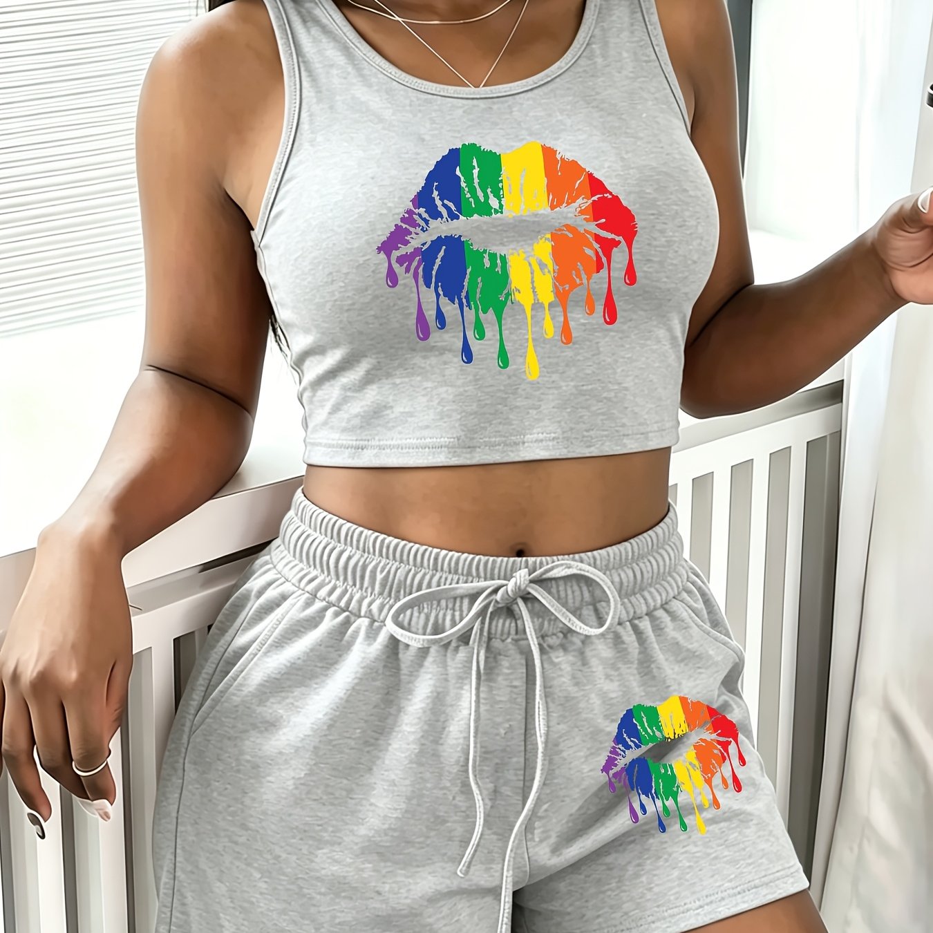 TEMU Casual Women'-piece Set With A Slanted Pocket, Featuring A Printed Pattern And Shorts
