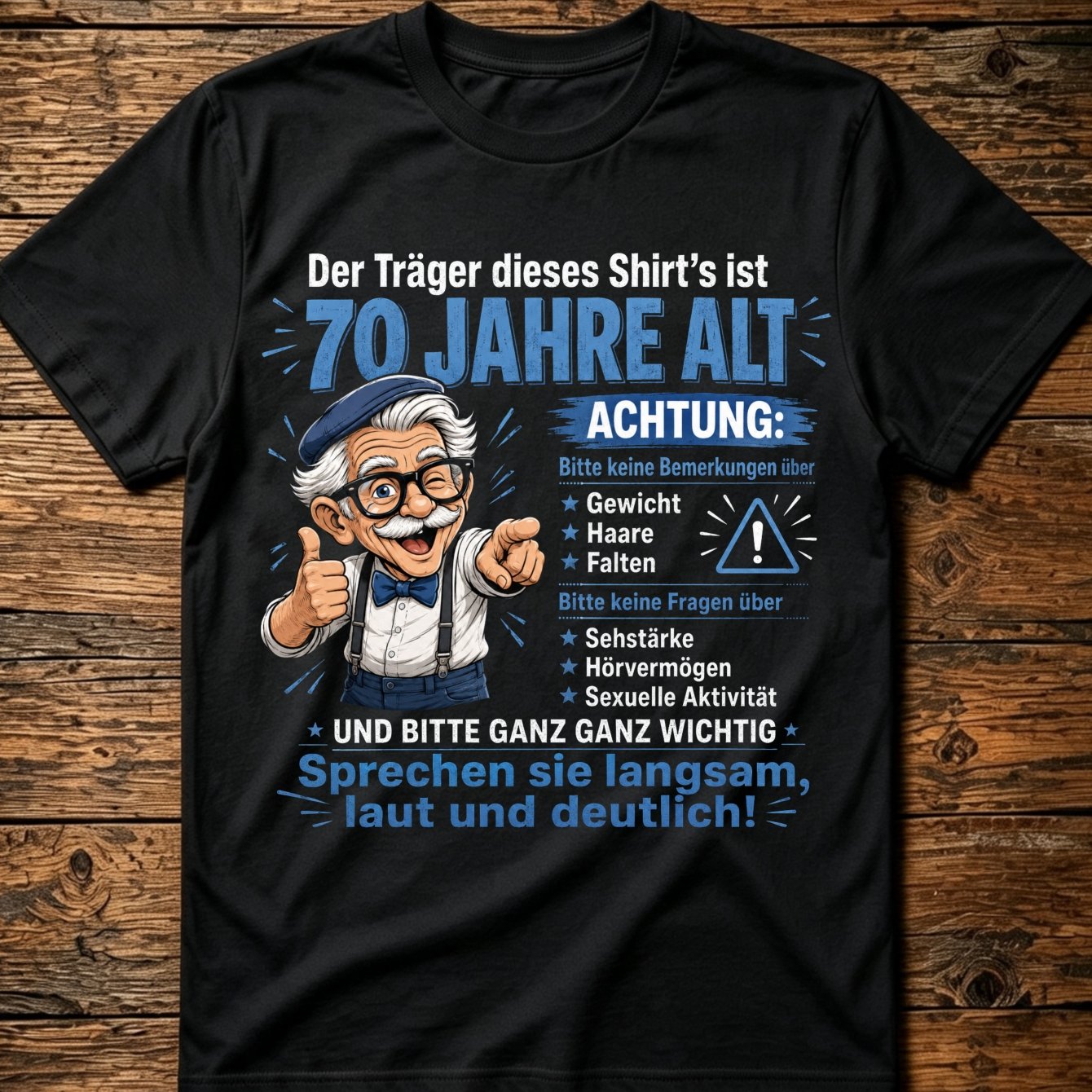 Image of Old Birthday Old Man T-shirt Beret Bow Tie Grandpa Cartoon German Tee 70th Birthday Funny Gift