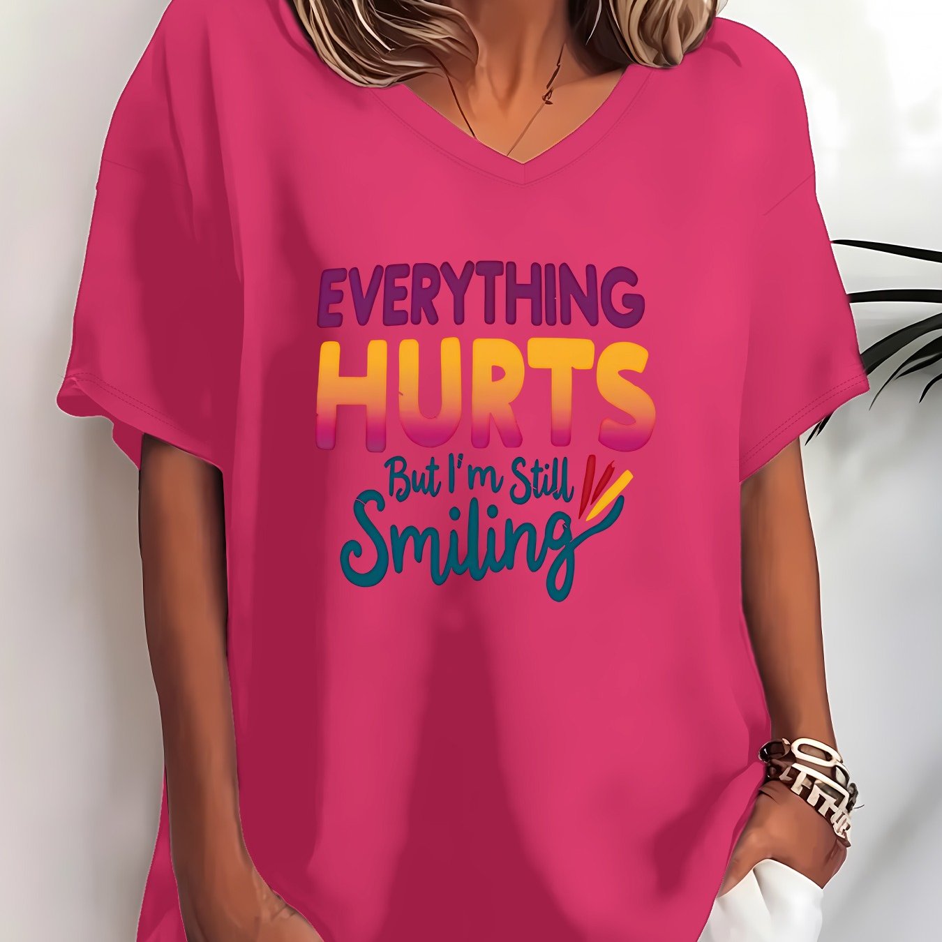 TEMU Plus Size - Everything But I M Still Smiling Plus Size Short Sleeve V-neck T-shirt Women's Plus Size 1-8xl Casual Fashion Printed Top Soft