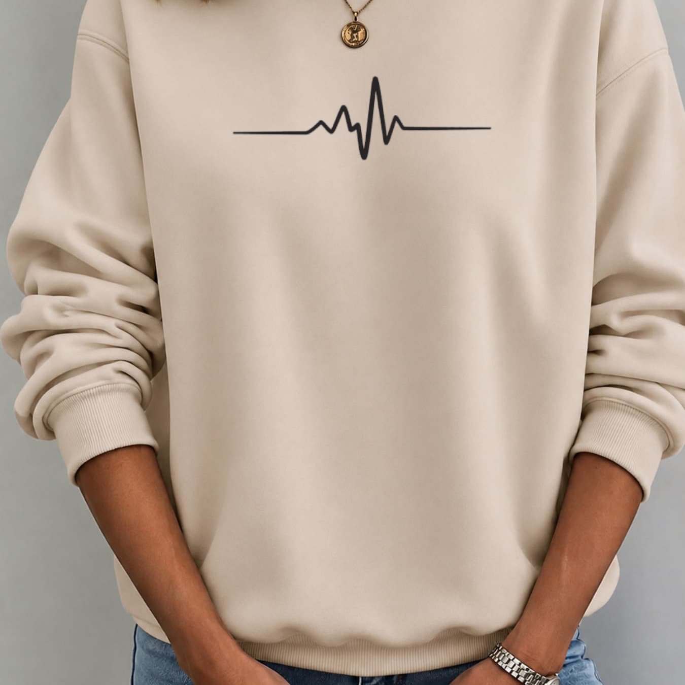 Image of Autumn Winter New Fuzzy Fleece Hoodie For Women Loose Fit Casual Long Sleeve Pullover With Black Ecg Pattern Print Breathable Comfortable Crewneck Sweatshirt