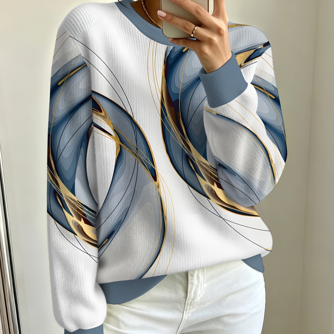 TEMU Women's Abstract Art Printed Crew Neck Sweatshirt Loose Casual Top Blue Golden Long Sleeve Pullover Spring And Autumn All-match Wind Comfortable