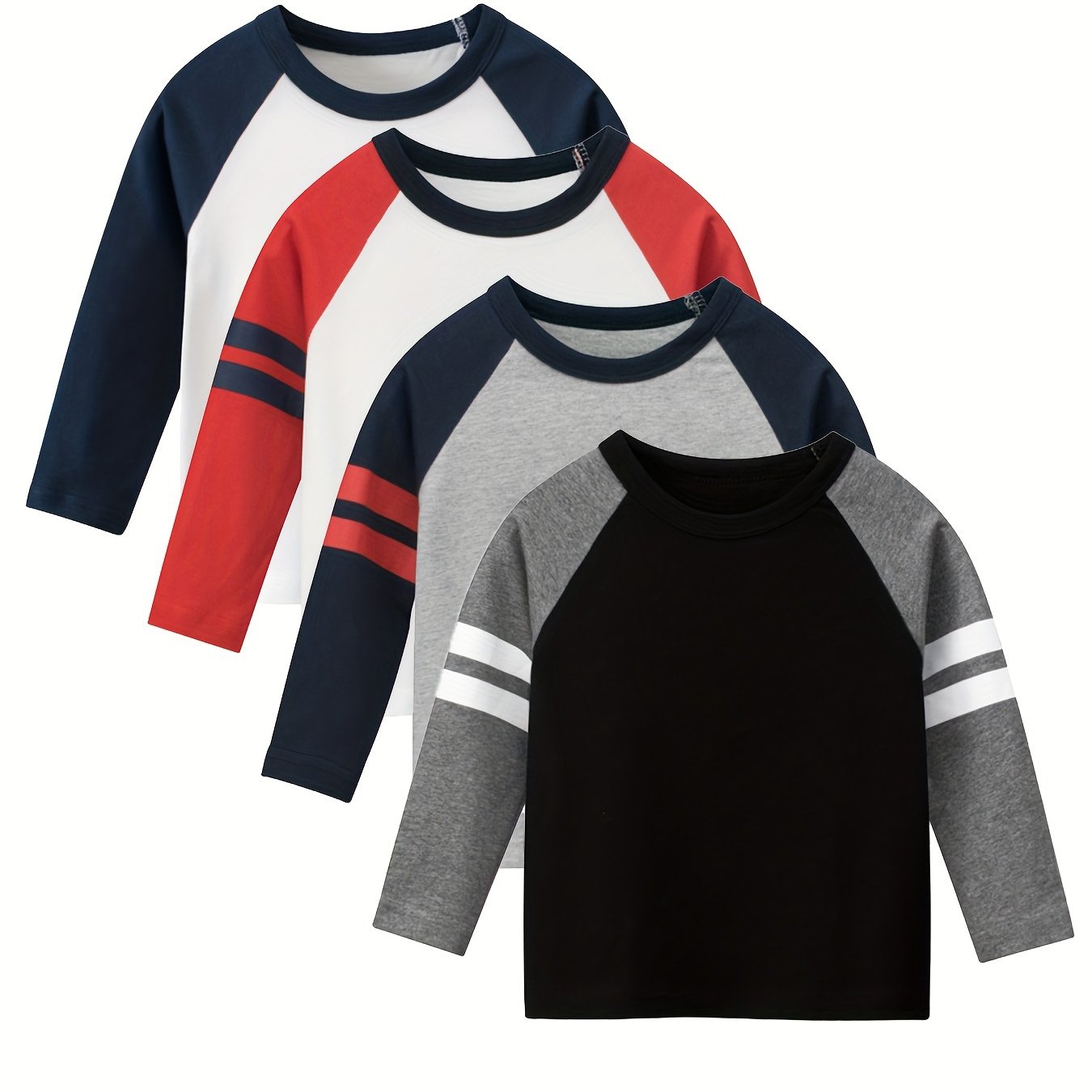 Image of 4pcs Boys' Long Sleeve T-shirts - Striped Round Neck Casual Layering Shirts, Solid For Spring/fall Layering (4 Individual Tops) | Hand Washable Kids' Casual Attire Suitable For, & Outfits