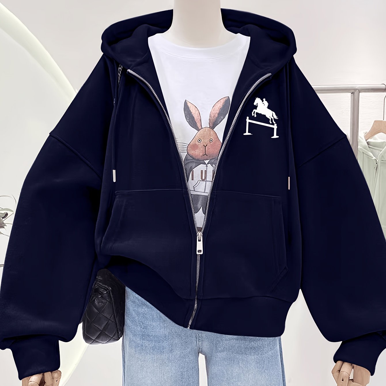 TEMU Graphic-print Zip-up Hooded Sweatshirt For Autumn And Winter, Women's Clothing